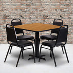 Flash Furniture Carlton 36'' Square Natural Laminate Table Set with X-Base and 4 Black Trapezoidal Back Banquet Chairs