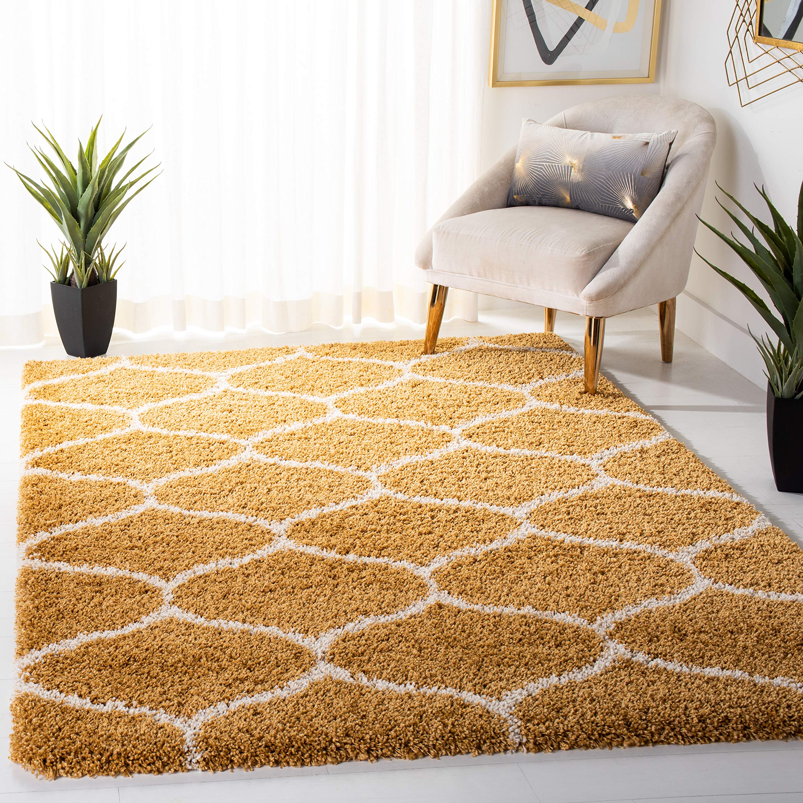 SAFAVIEH Hudson Shag Collection Accent Rug - 4 x 6, Gold & Ivory, Trellis Design, Non-Shedding & Easy Care, 2-inch Thick Ideal