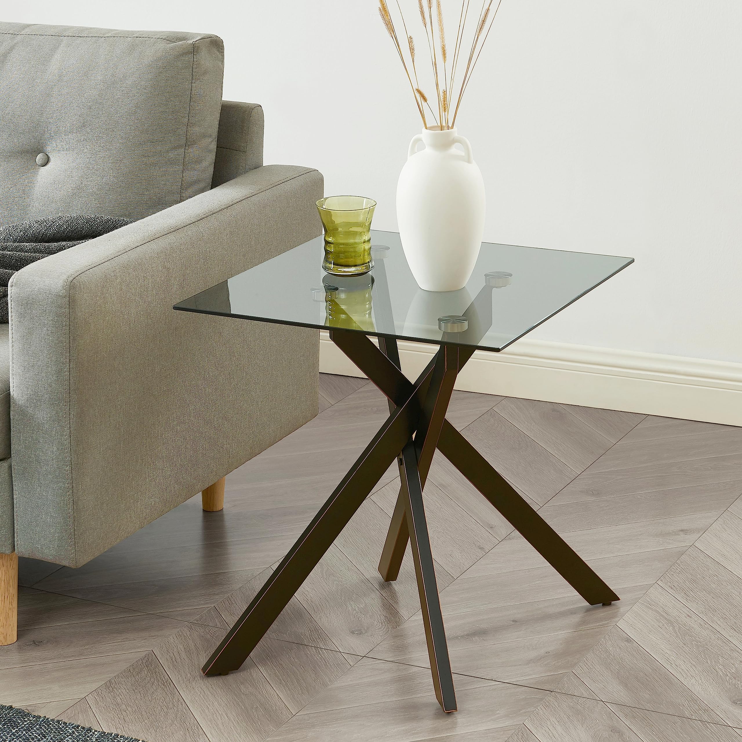 Modern Style Square Side Table with Tempered Glass Top and Metal Tubular Legs, Black 20   Dx20   Wx22   H
