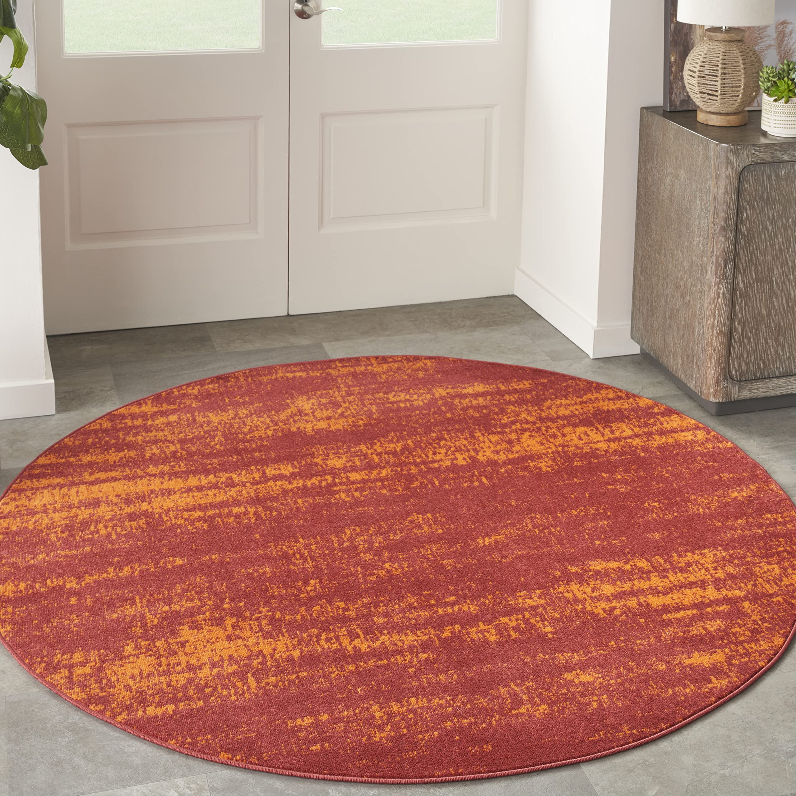 Nourison Essentials Indoor/Outdoor Solid Abstract Red 8' X Round Area Rug, Easy Cleaning, Non Shedding, Bed Room, Living Room, D