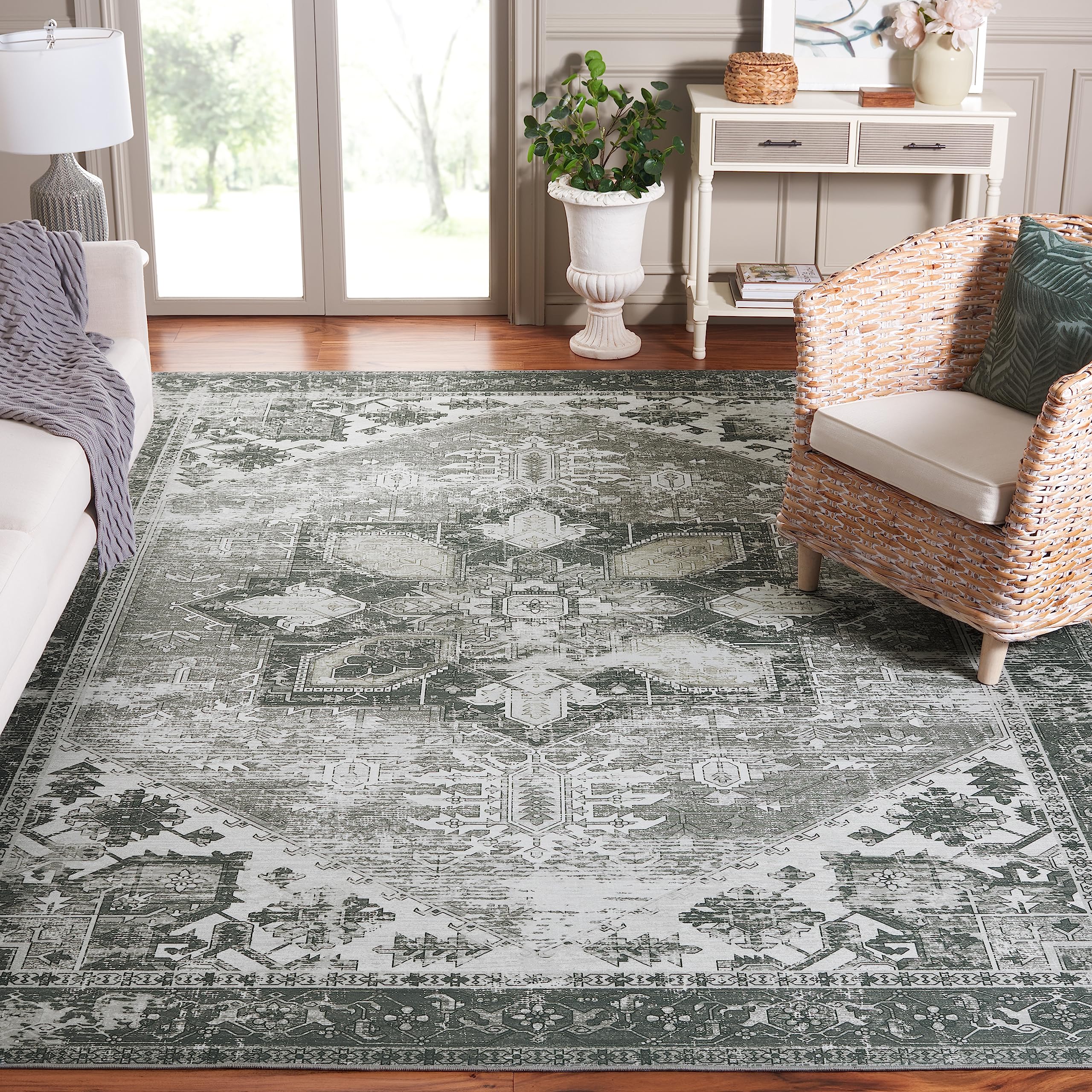 SAFAVIEH Washable Rug Tucson Collection - 9 x 12, Dark Sage & Ivory, Slip Resistant, Ideal for High Traffic Areas in Living Ro