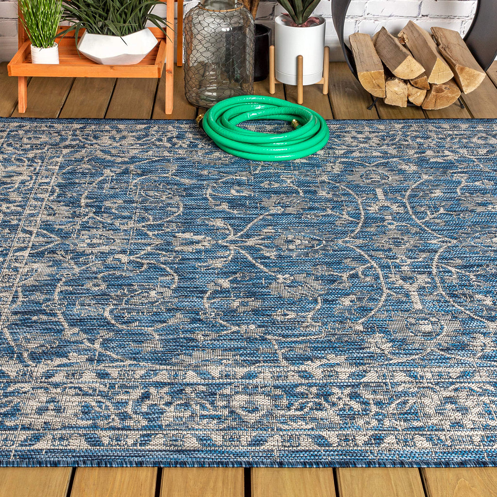 Jonathan Y Smb103A-4 Palazzo Vine And Border Textured Weave Indoor/Outdoor Navy/Gray 4 Ft. X 6 Ft. Area-Rug, Coastal,Easy-Cleaning,Hightraffic,Livingroom,Backyard, Non Shedding