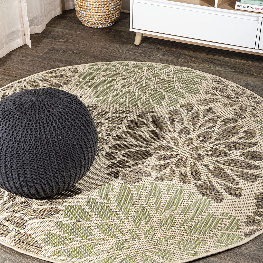 Jonathan Y Smb110A-5R Zinnia Modern Floral Textured Weave Indoor Outdoor Area Rug Bohemian Coastal Easy Cleaning Bedroom Kitchen Backyard Patio Non Shedding, 5' Round, Sage/Brown