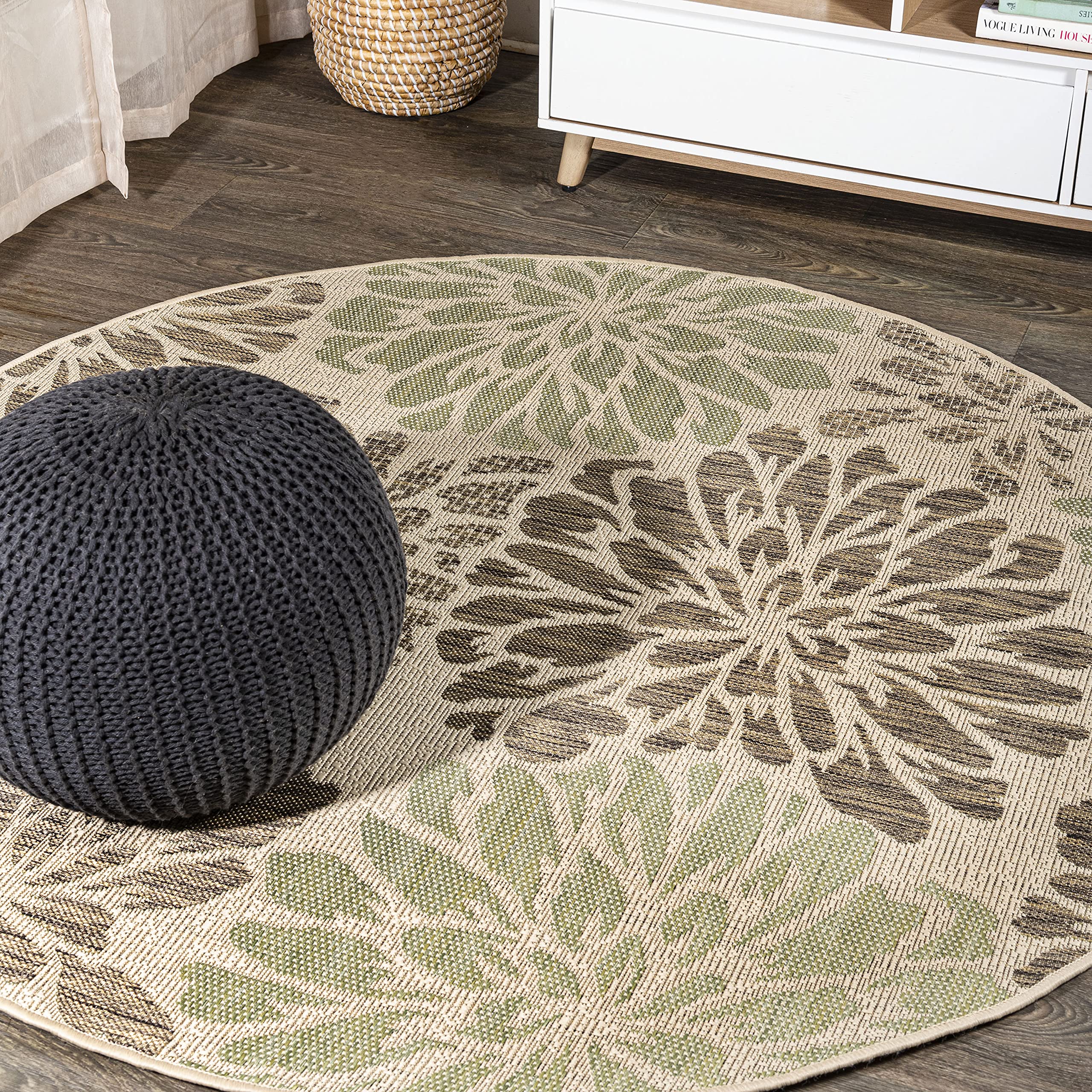 Jonathan Y Smb110A-5R Zinnia Modern Floral Textured Weave Indoor Outdoor Area Rug Bohemian Coastal Easy Cleaning Bedroom Kitchen Backyard Patio Non Shedding, 5' Round, Sage/Brown