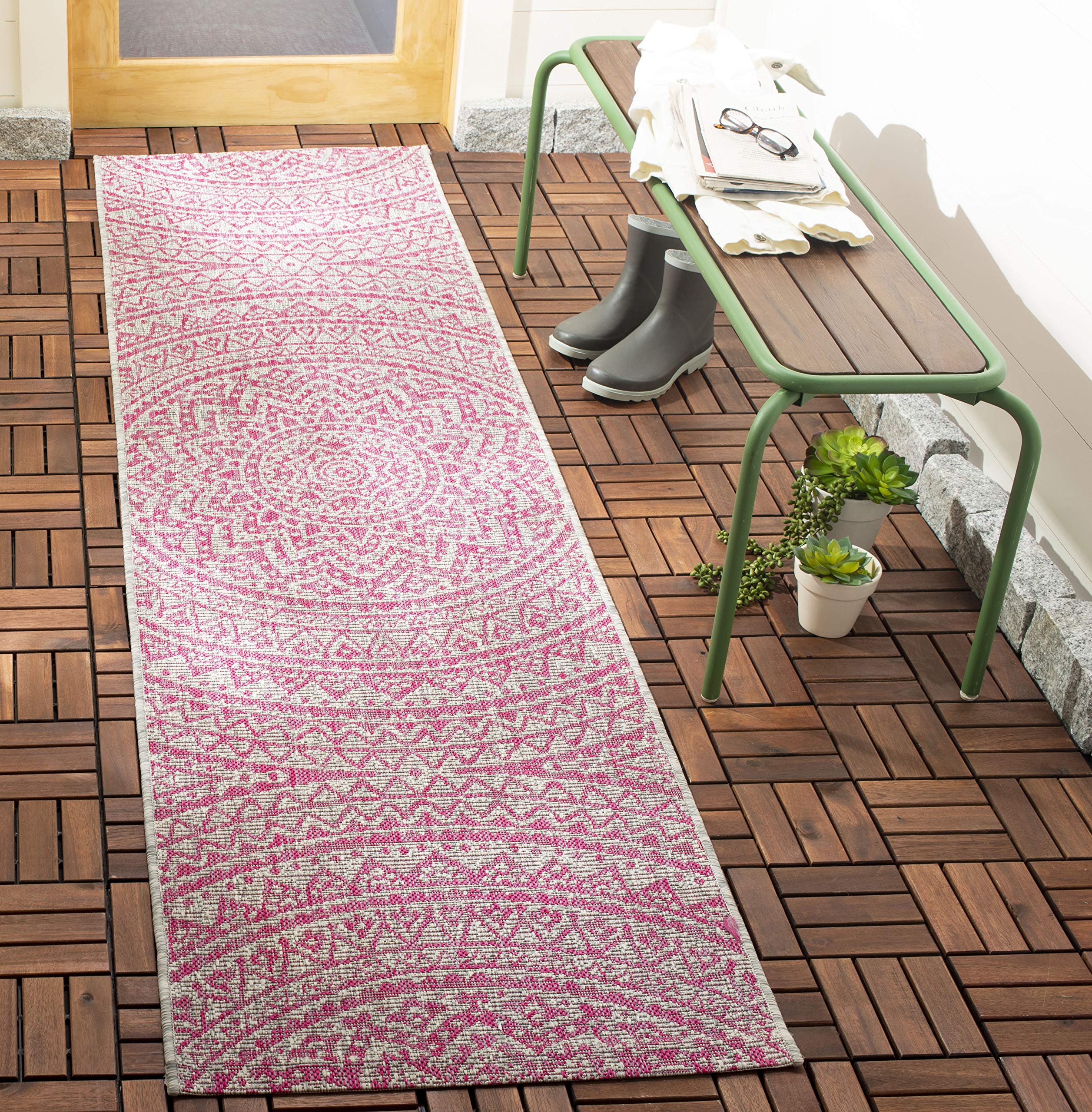 Safavieh Courtyard Collection 27.6' X 96' Light Grey/Fuchsia Cy8734 Indoor/ Outdoor Waterproof Easy Cleaning Patio Backyard Mudroom Runner Rug
