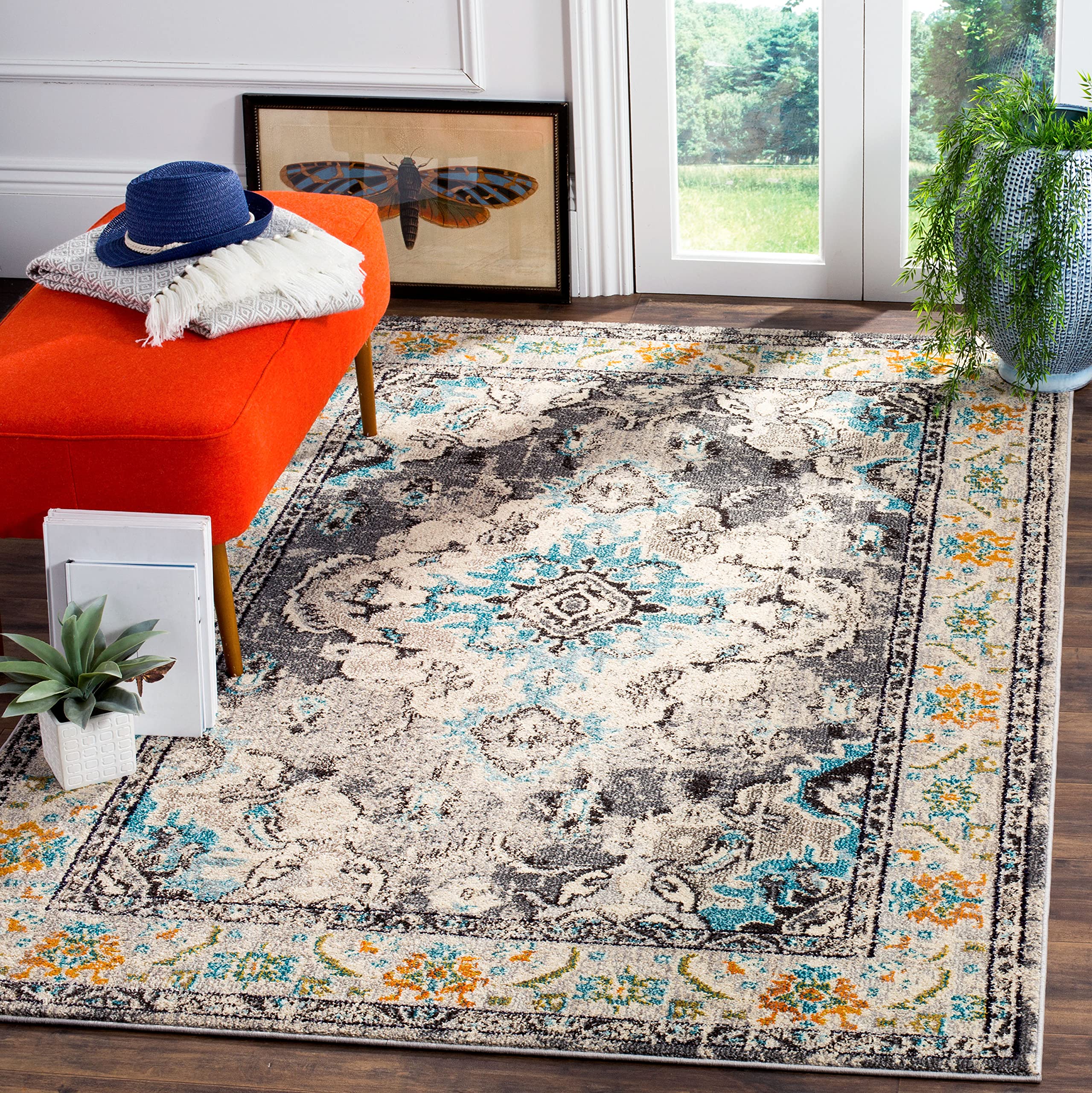 SAFAVIEH Monaco Collection 4 x 57 GreyLight Blue MNC243G Boho Chic Medallion Distressed Non-Shedding Living Room Bedroom Accen