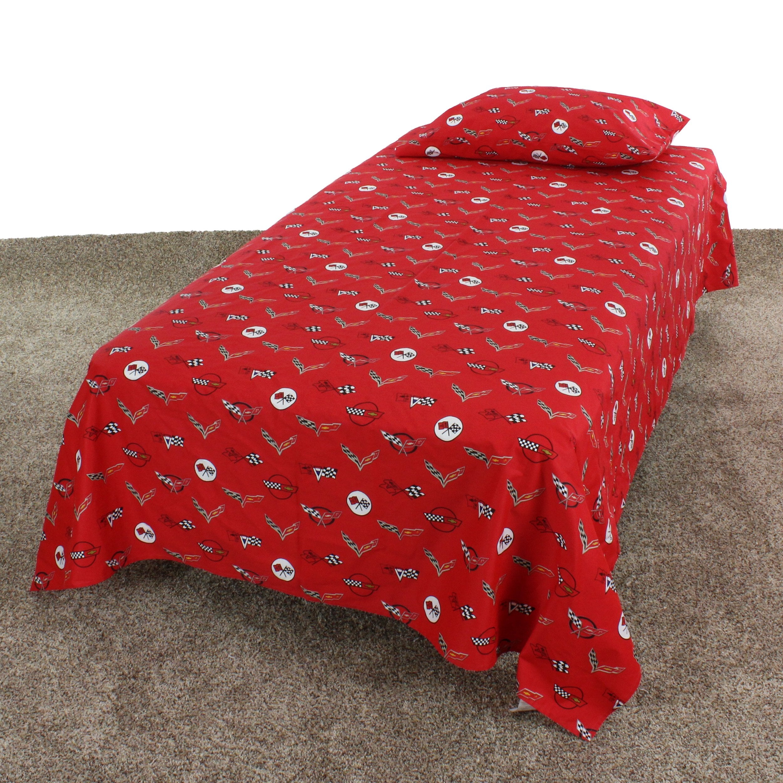 Corvette Sheet Set Queen Sized 4 Piece Sheet Set, Red Color Background, 1 Flat Sheet, 1 Fitted Sheet, 2 Pillowcases