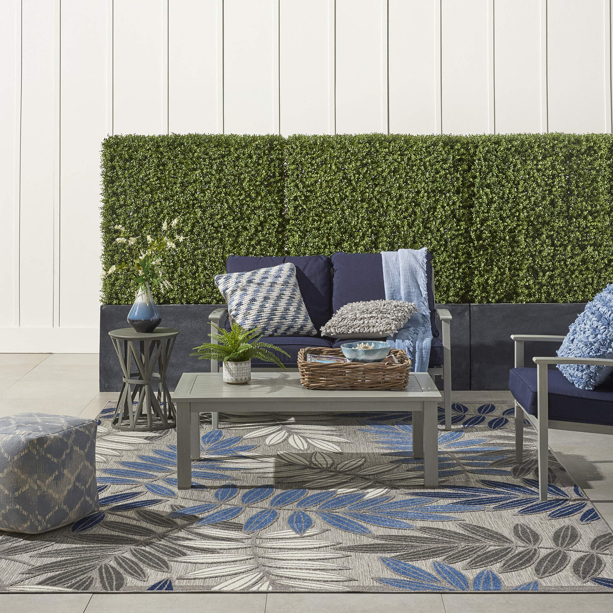 Nourison Aloha Indoor/Outdoor Grey/Blue 9'6' X 13' Area Rug, Tropical, Botanical, Easy Cleaning, Non Shedding, Bed Room, Kitche
