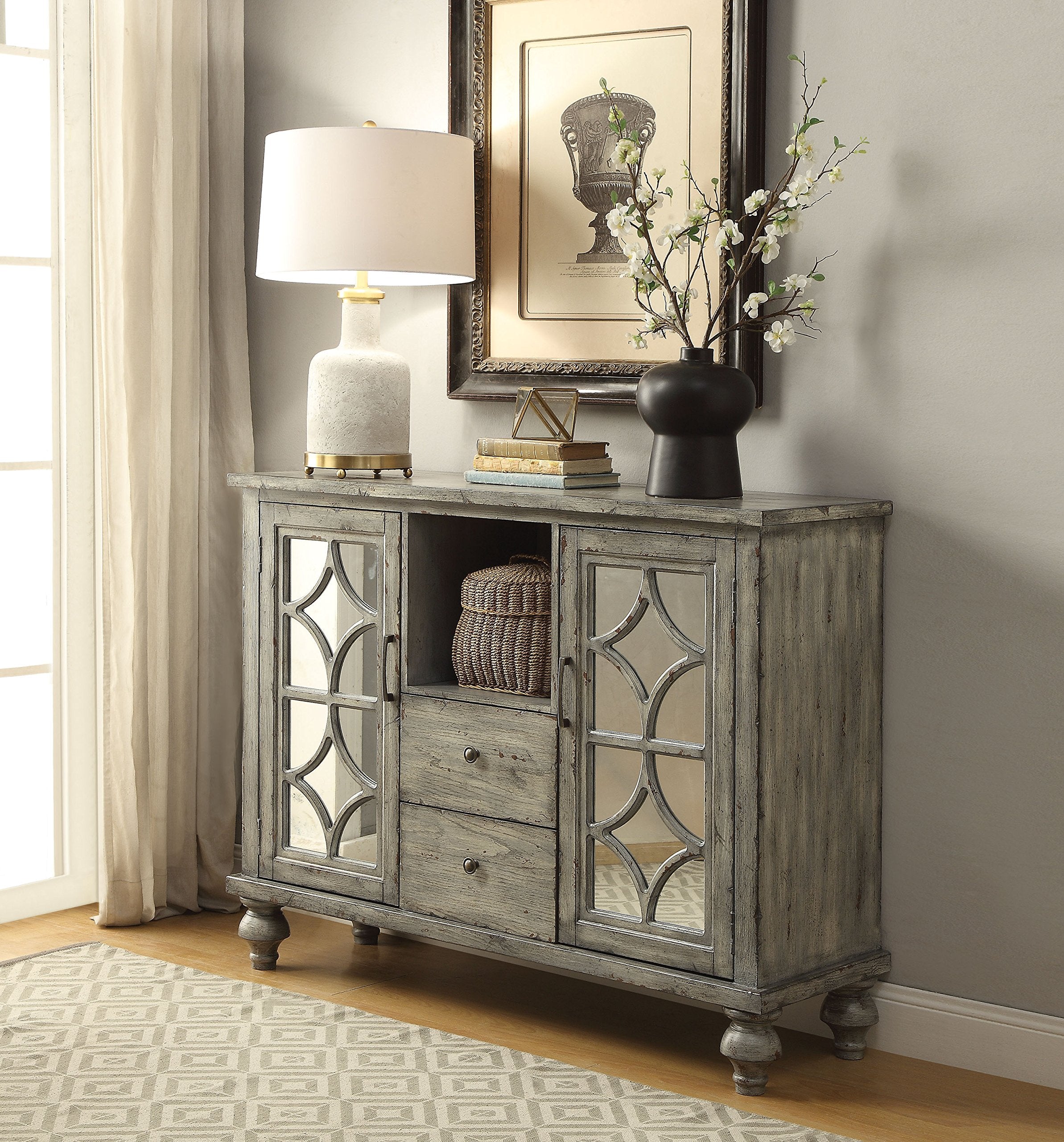 Acme Velika 2-Drawers Wooden Console Table with 2 Doors in Weathered Gray