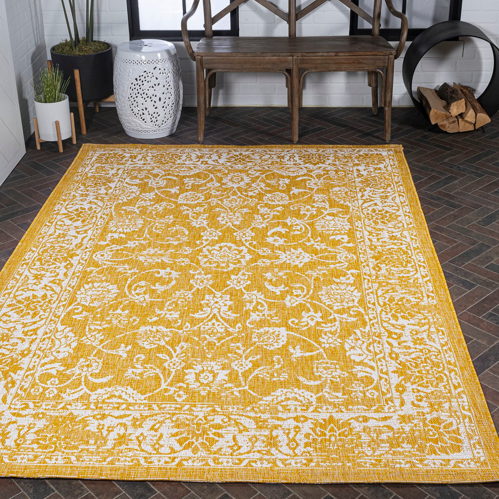 Jonathan Y Smb100E-4 Tela Bohemian Textured Weave Floral Indoor Outdoor Area Rug, Coastal, Traditional, Transitional Easy Cleaning,Bedroom,Kitchen,Backyard,Patio,Non Shedding, Yellow/Cream, 4 X 6