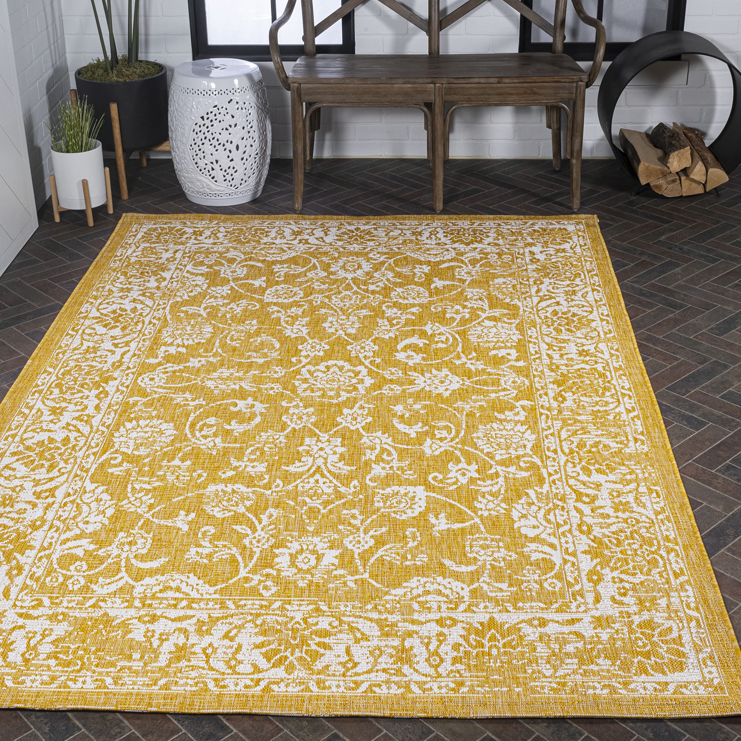 Jonathan Y Smb100E-4 Tela Bohemian Textured Weave Floral Indoor Outdoor Area Rug, Coastal, Traditional, Transitional Easy Cleaning,Bedroom,Kitchen,Backyard,Patio,Non Shedding, Yellow/Cream, 4 X 6