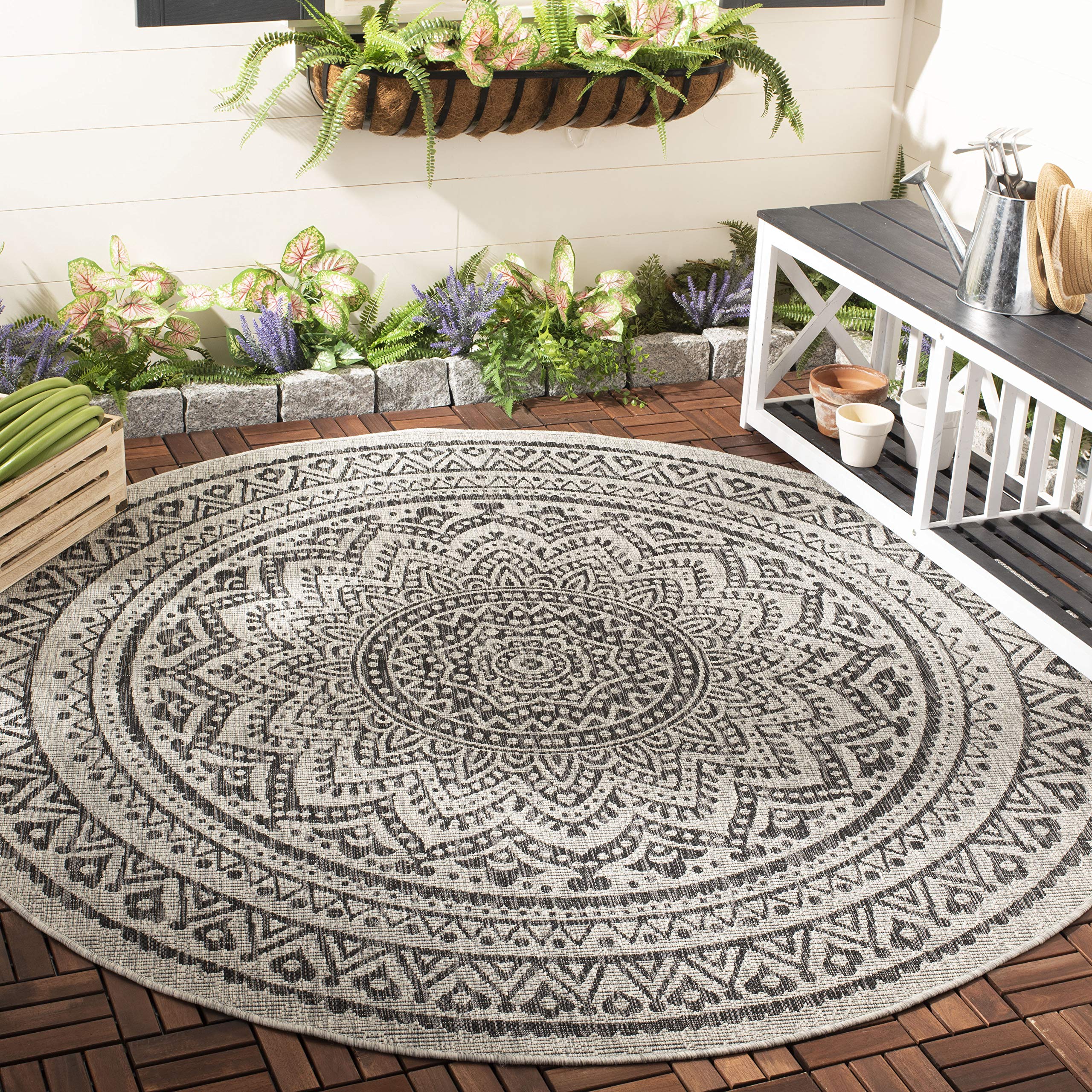 Safavieh Courtyard Collection 4' Round Light Grey/Black Cy8734 Indoor/ Outdoor Waterproof Easy Cleaning Patio Backyard Mudroom Area Rug