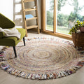 SAFAVIEH Cape Cod Collection Area Rug - 6 Round, Ivory & Light Beige, Handmade Boho Fringe Jute & Cotton, Ideal for High Traffi