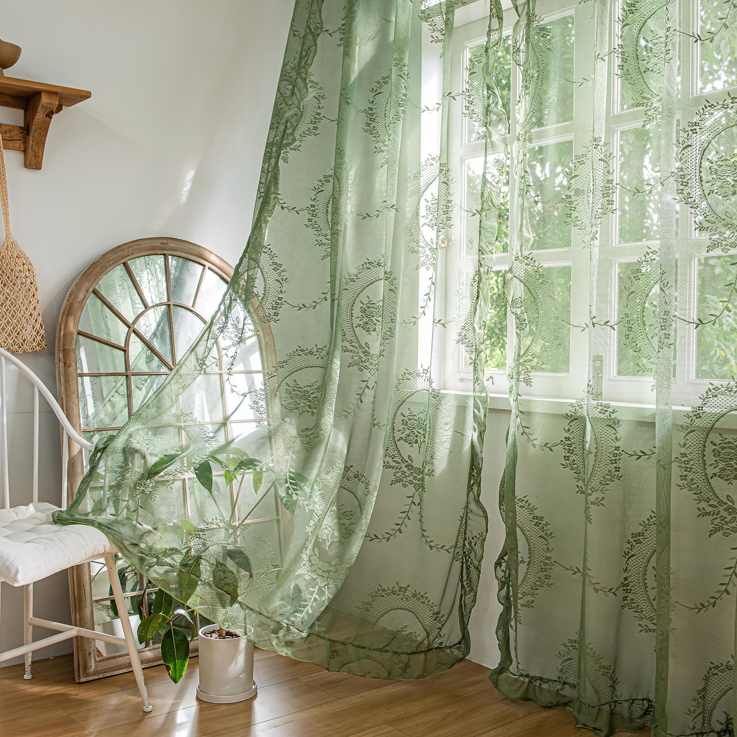 Sutuo Home Olive Green Lace Curtains For Bedroom Living Room 108 Inches Long 2 Panels, Sheer Panels Rose Floral Embroidery Ruffl