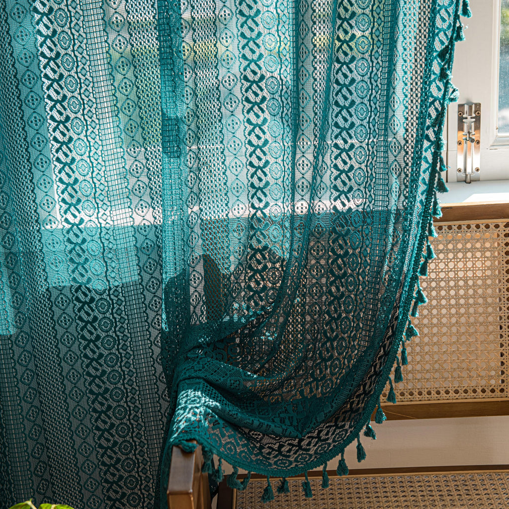 Sutuo Home Boho Curtains Crochet Lace Sheer Bohemian Hollow Knitted With Tassels, Window Treatment Privacy Vintage Rustic Farmho