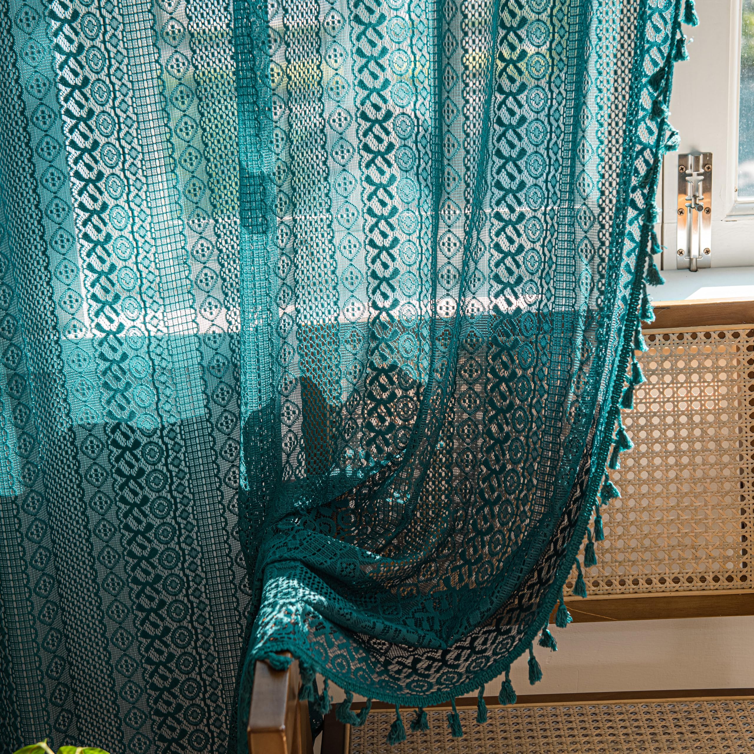 Sutuo Home Boho Curtains Crochet Lace Sheer Bohemian Hollow Knitted With Tassels, Window Treatment Privacy Vintage Rustic Farmho