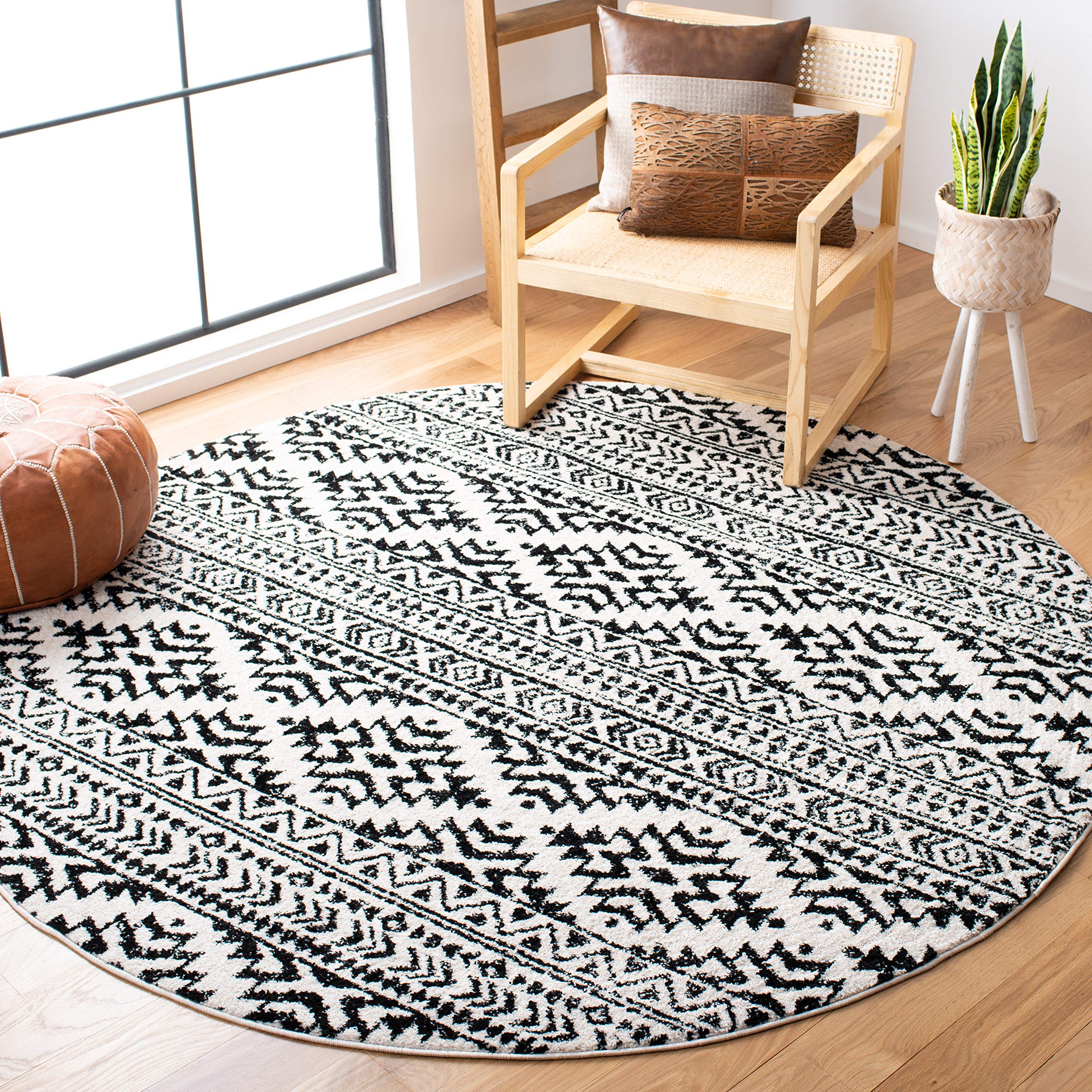 SAFAVIEH Tulum Collection 3 Round Ivory / Black TUL272B Moroccan Boho Tribal Non-Shedding Dining Room Entryway Foyer Living Roo