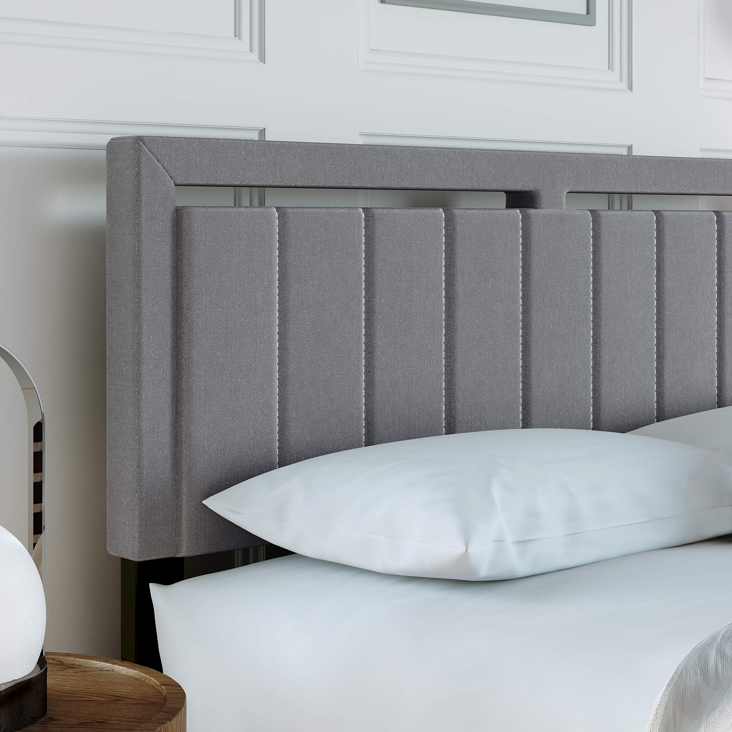 Boyd Sleep Beaumont Upholstered Platform Bed with Headboard, Mattress Foundation with Strong 14 Wood Slat Supports, No Box Spring Required, Gray Linen, Size Queen