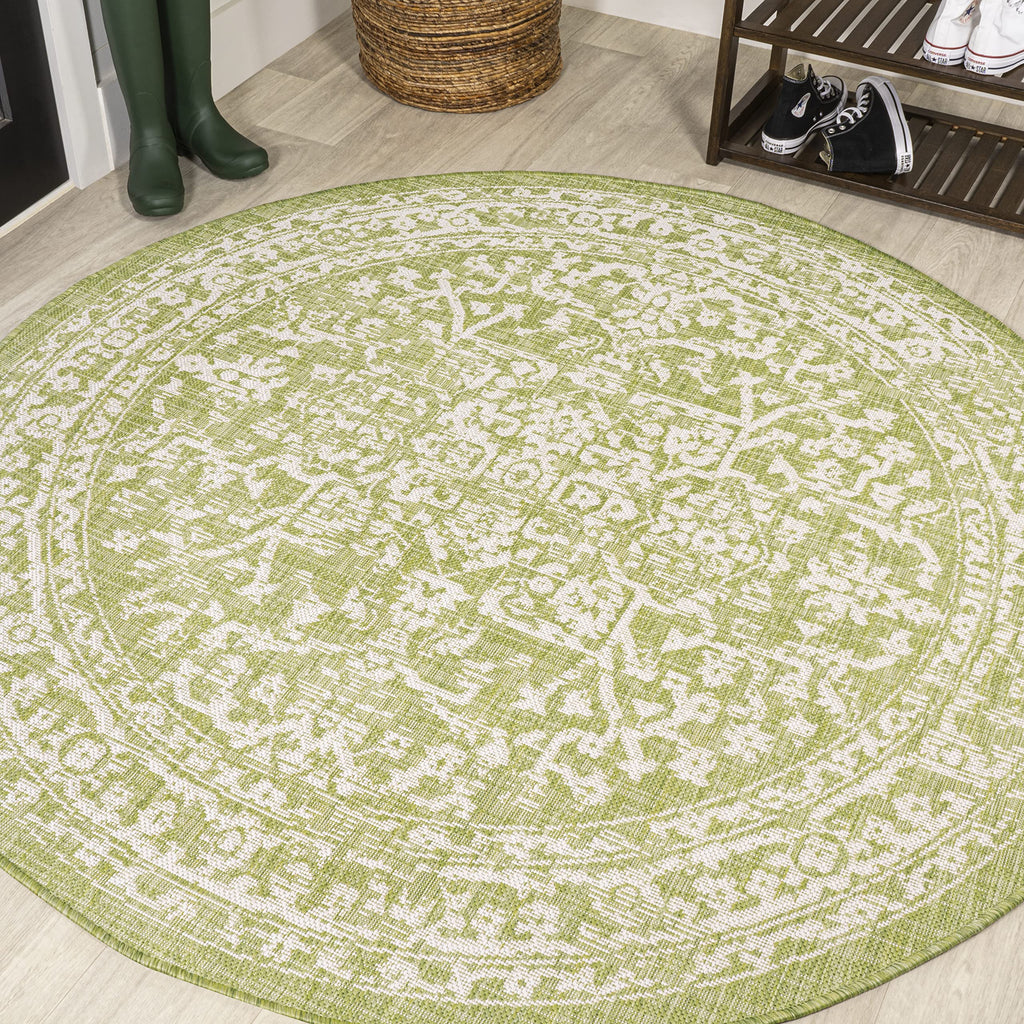 Jonathan Y Smb104D-5R Malta Bohemian Medallion Textured Weave Indoor Outdoor Area-Rug, Coastal Traditional Transitional Easy-Cleaning,Bedroom,Kitchen,Backyard,Patio,Non Shedding 5' Round, Green/Cream