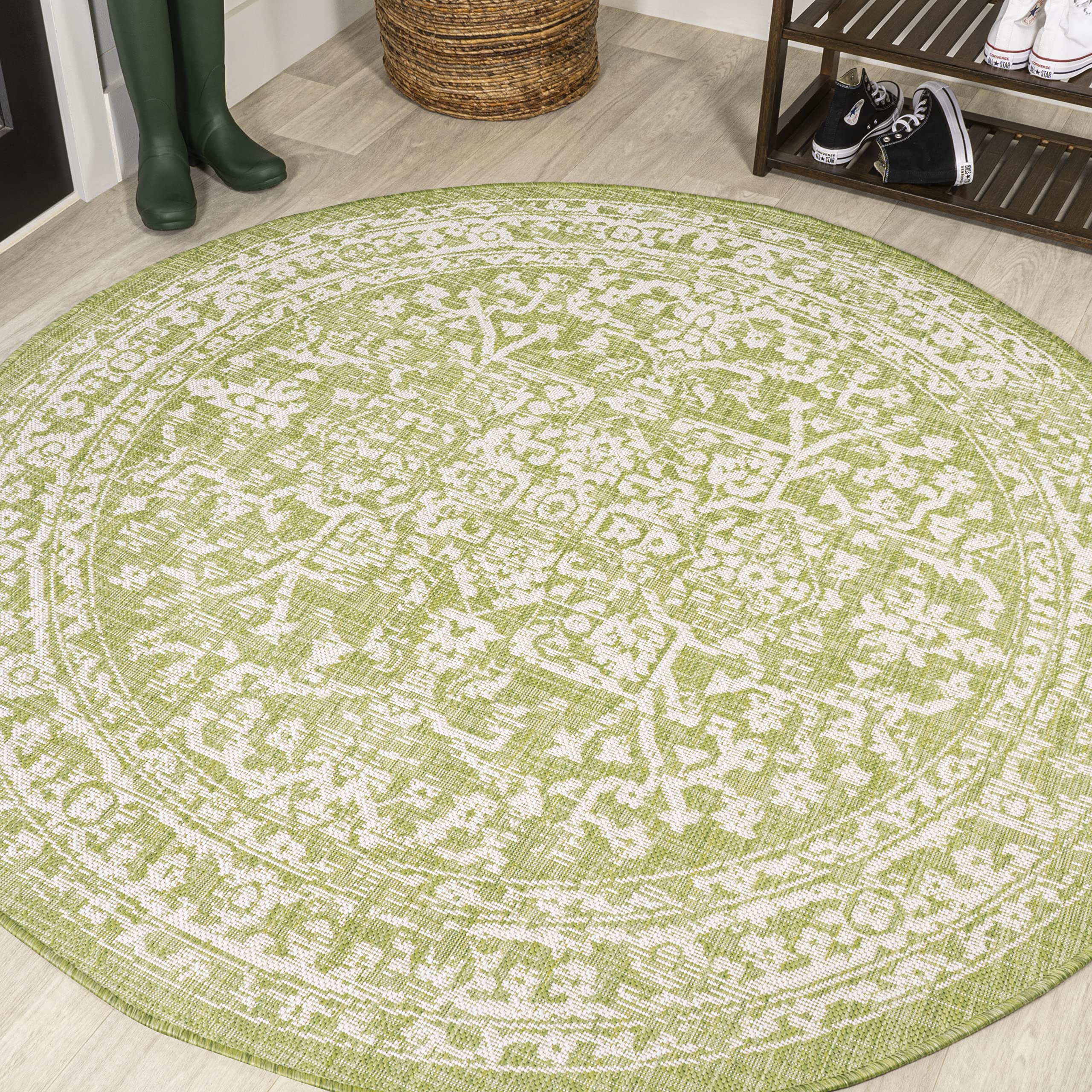 Jonathan Y Smb104D-5R Malta Bohemian Medallion Textured Weave Indoor Outdoor Area-Rug, Coastal Traditional Transitional Easy-Cleaning,Bedroom,Kitchen,Backyard,Patio,Non Shedding 5' Round, Green/Cream