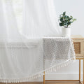 Zjdecor White Lace Sheer Curtains 84 Inch Length Boho Geometric Pattern Curtains With Tassel 2 Panels Set For Living Room Bedroo