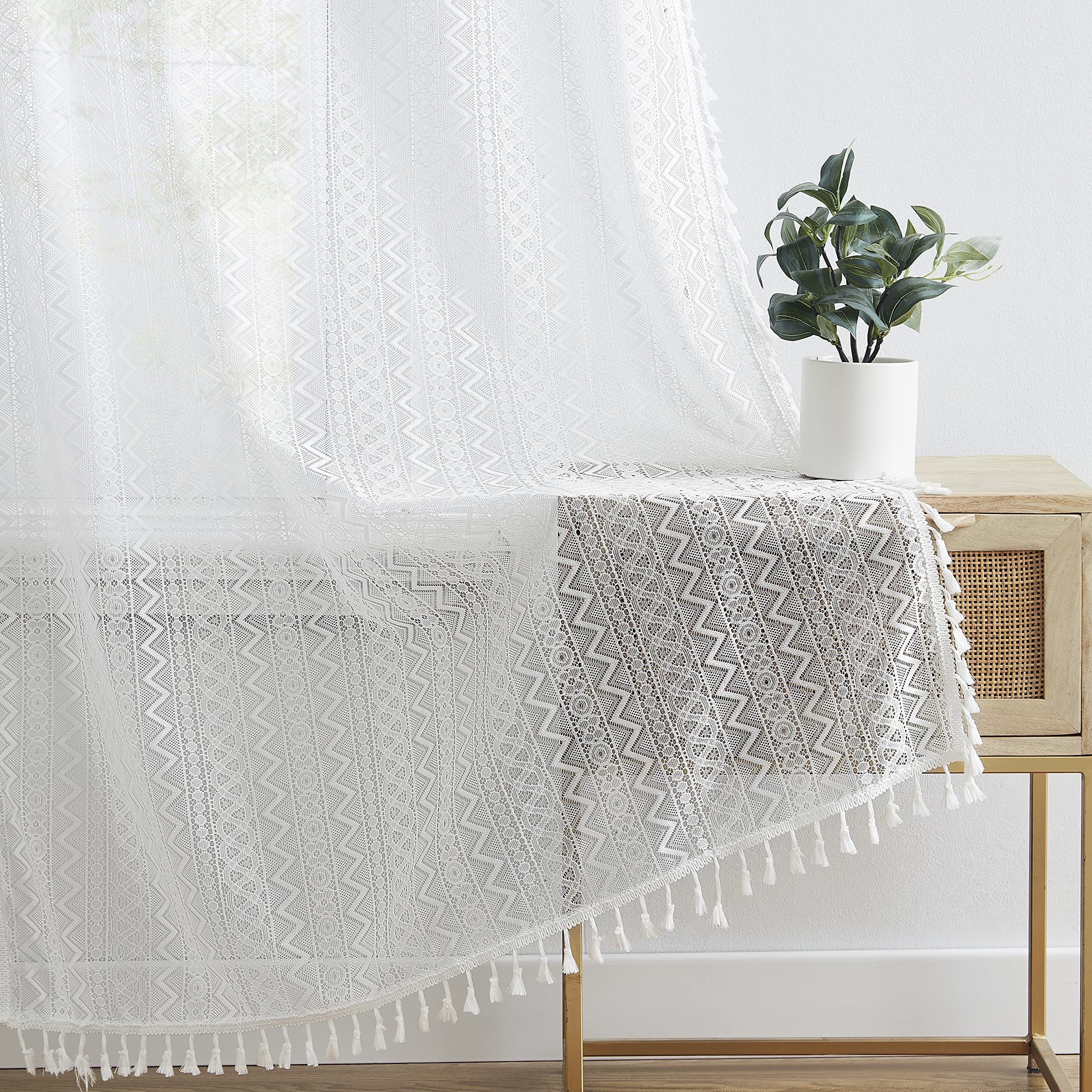 Zjdecor White Lace Sheer Curtains 84 Inch Length Boho Geometric Pattern Curtains With Tassel 2 Panels Set For Living Room Bedroo