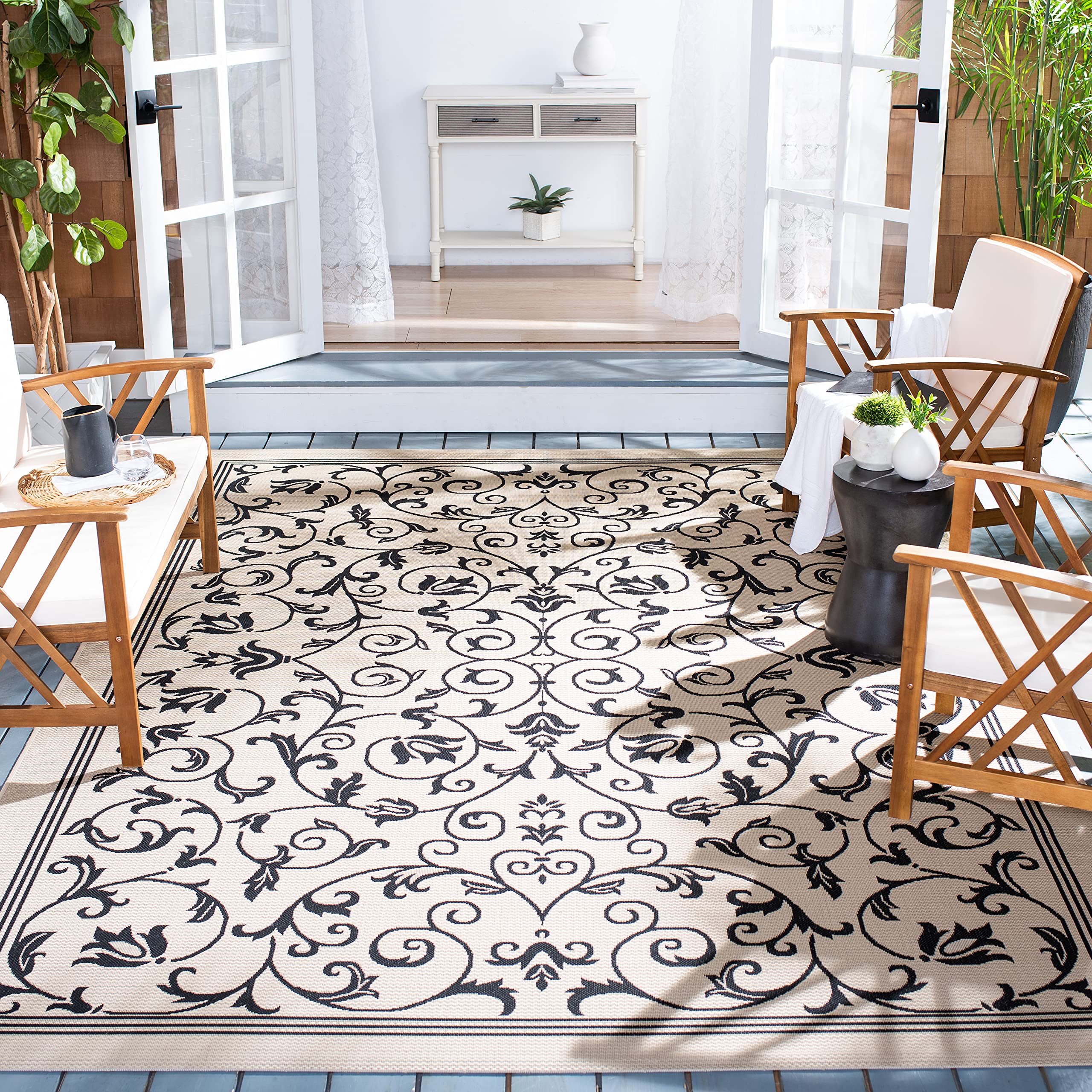 SAFAVIEH Courtyard Collection Area Rug - 9 x 12, Sand & Black, Scroll Design, Non-Shedding & Easy Care, Indoor/Outdoor & Washa