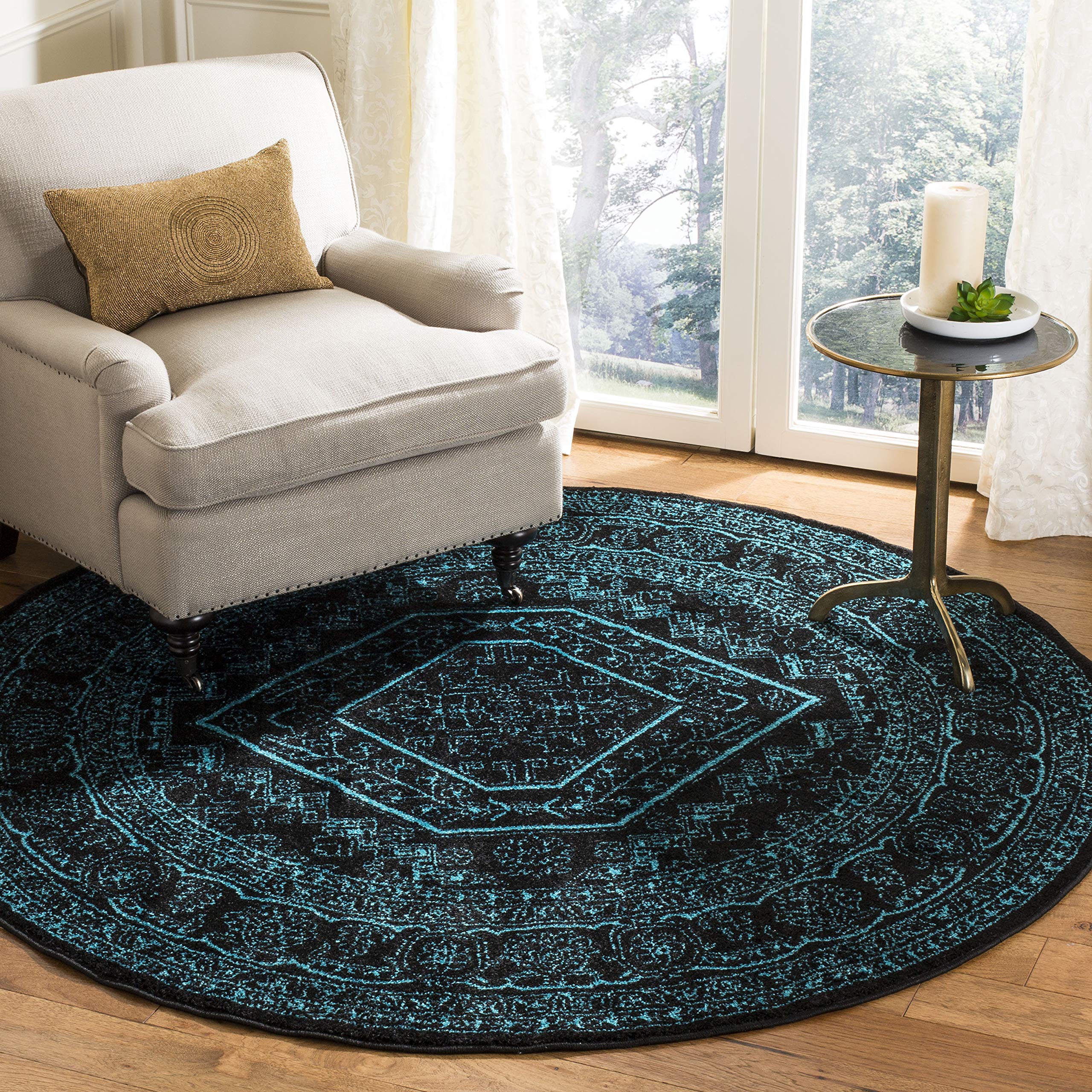 SAFAVIEH Adirondack Collection 8 Round Black/Teal ADR108K Oriental Medallion Non-Shedding Area Rug