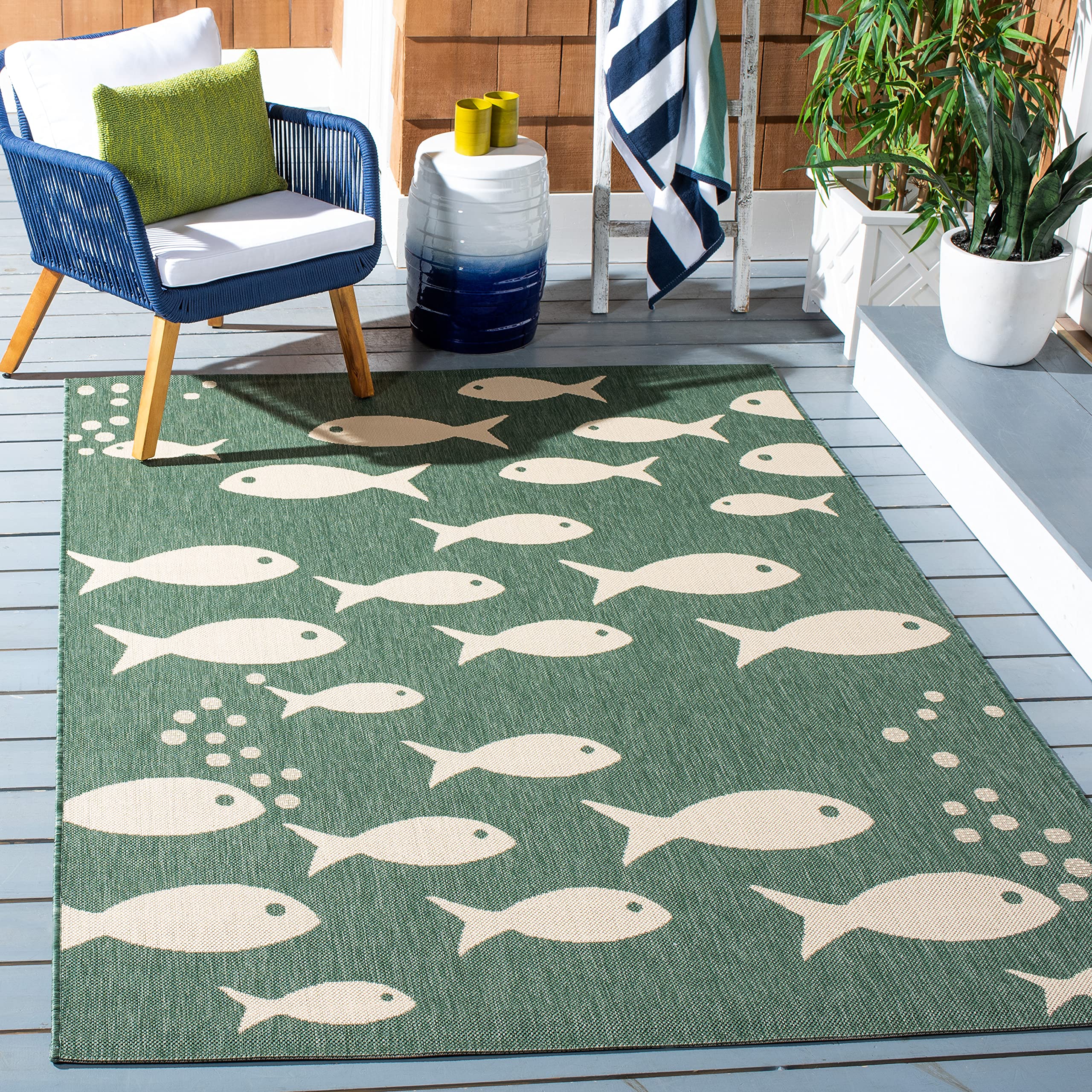 Safavieh Courtyard Collection Accent Rug - 4' X 5'7', Dark Green & Ivory, Border Design, Non-Shedding & Easy Care, Indoor/Outdo