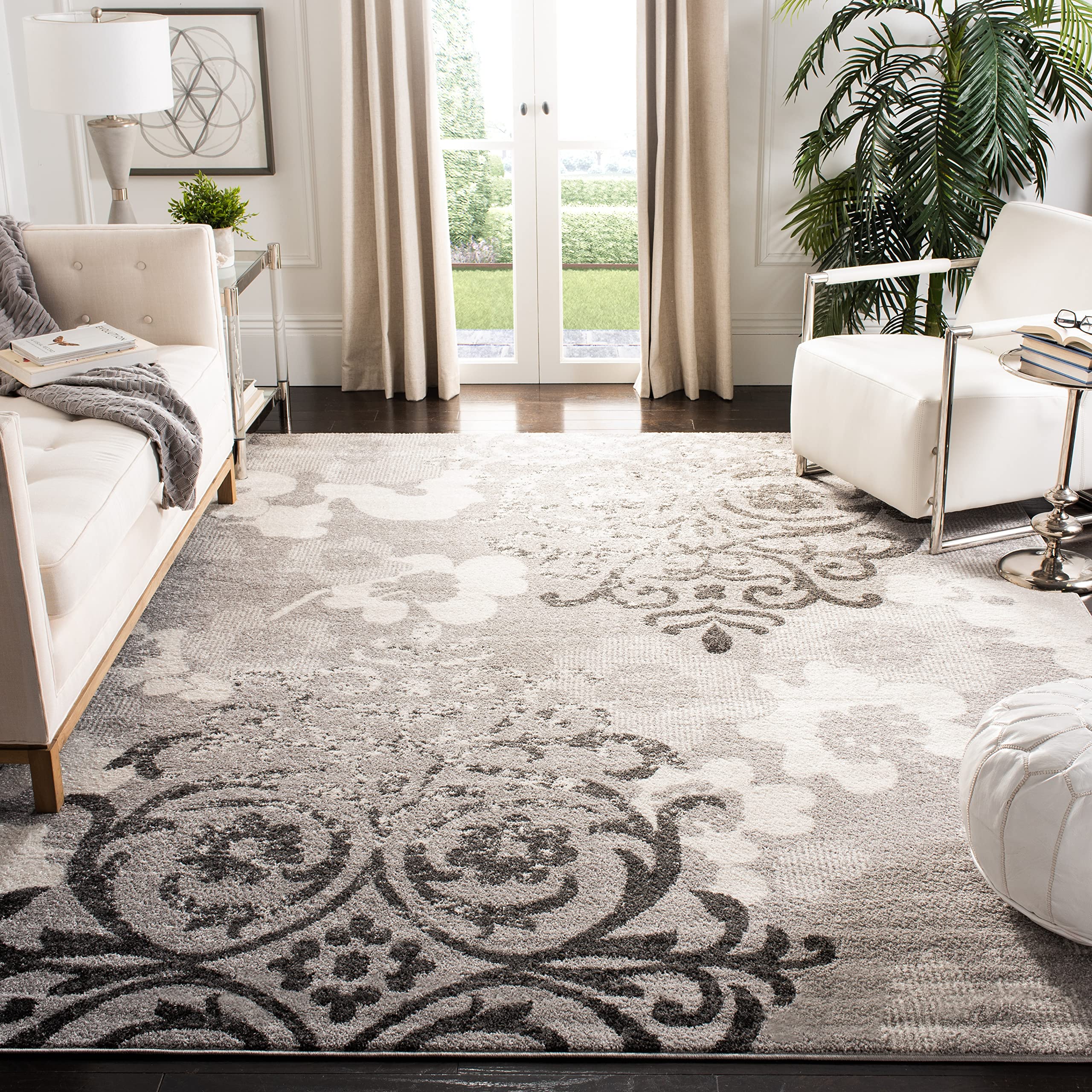 SAFAVIEH Adirondack Collection Area Rug - 7 Square, Silver & Ivory, Floral Glam Damask Distressed Design, Non-Shedding & Easy C