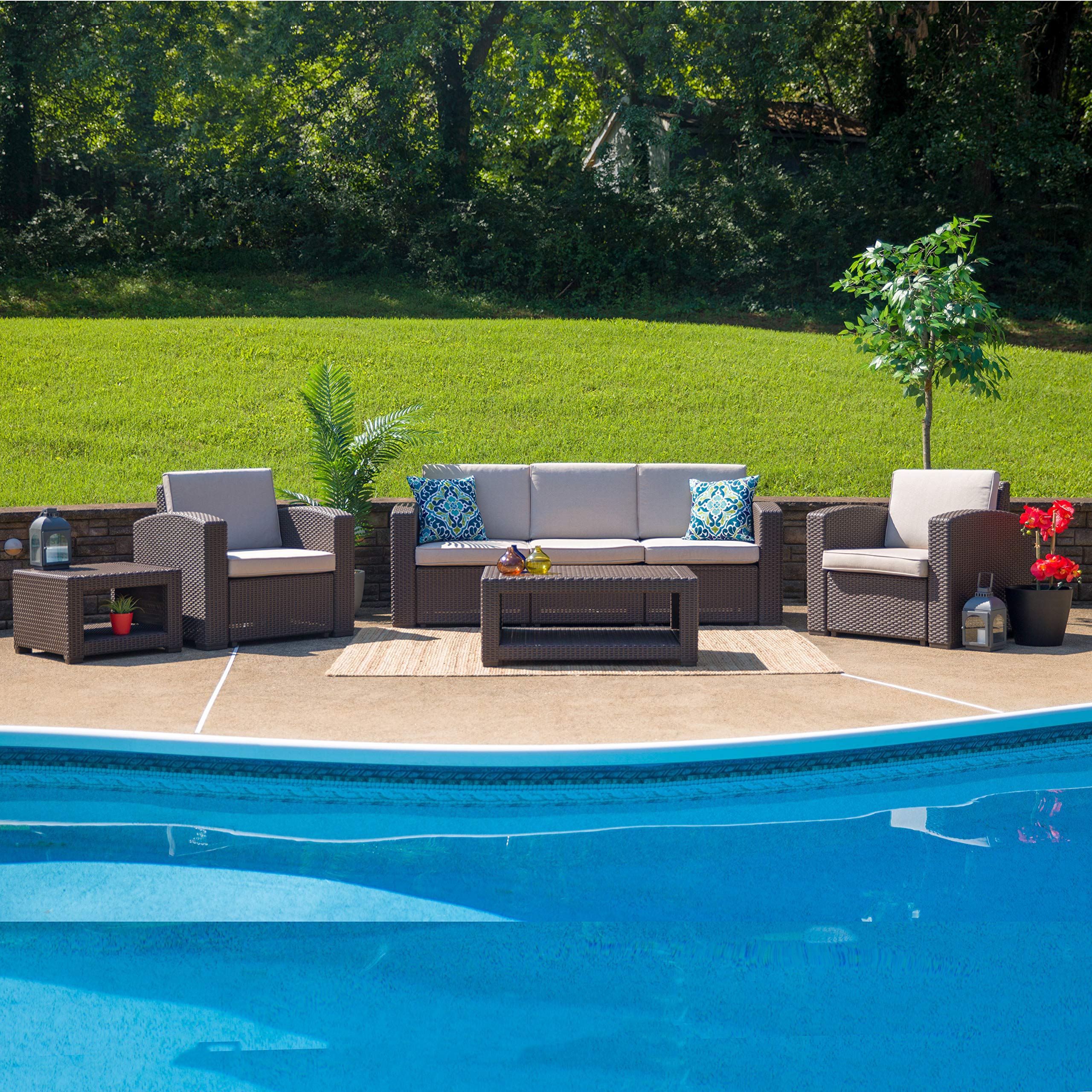 Flash Furniture 5 Piece Outdoor Faux Rattan Chair, Sofa And Table Set In Chocolate Brown