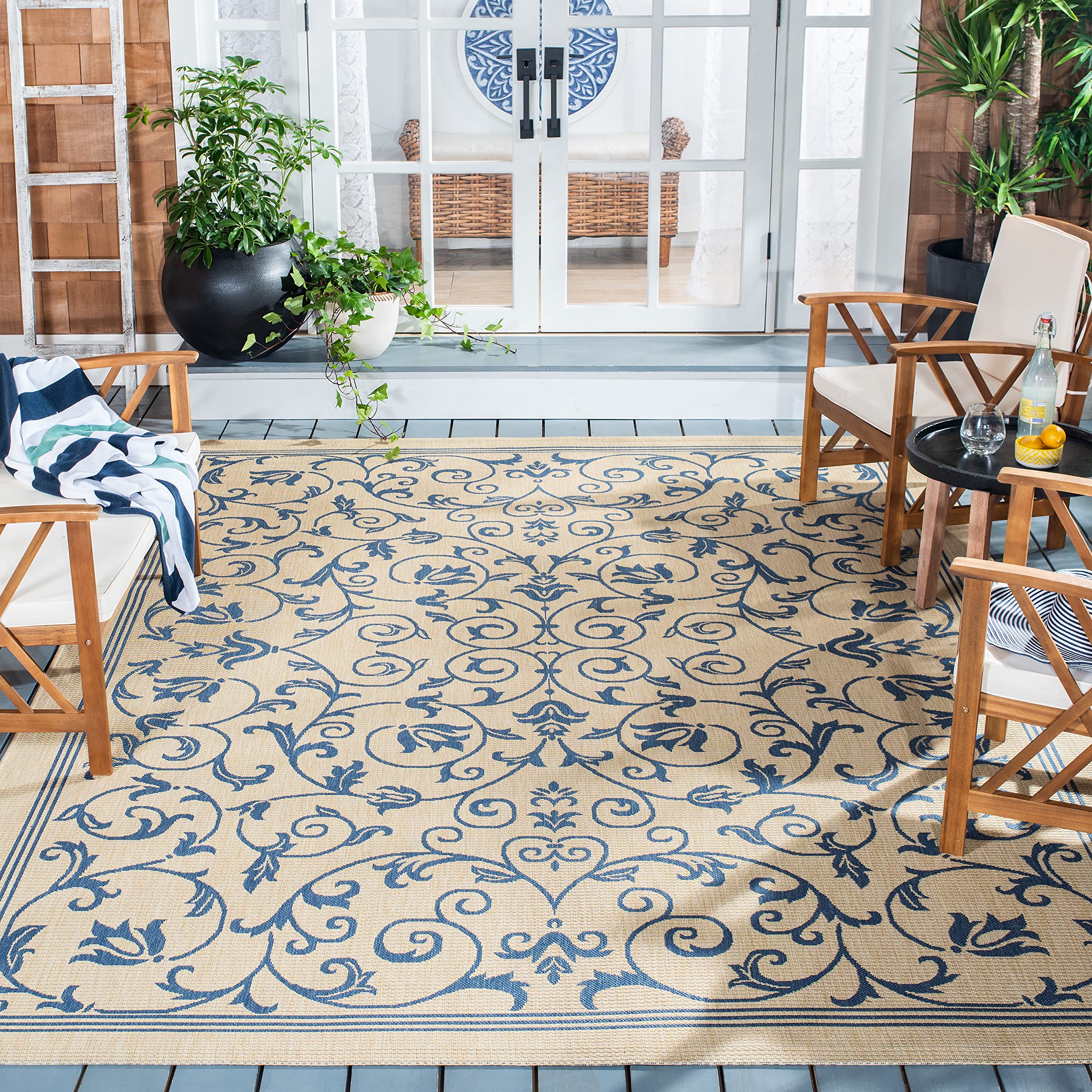 SAFAVIEH Courtyard Collection Area Rug - 9 x 12, Natural & Blue, Scroll Design, Non-Shedding & Easy Care, Indoor/Outdoor & Was
