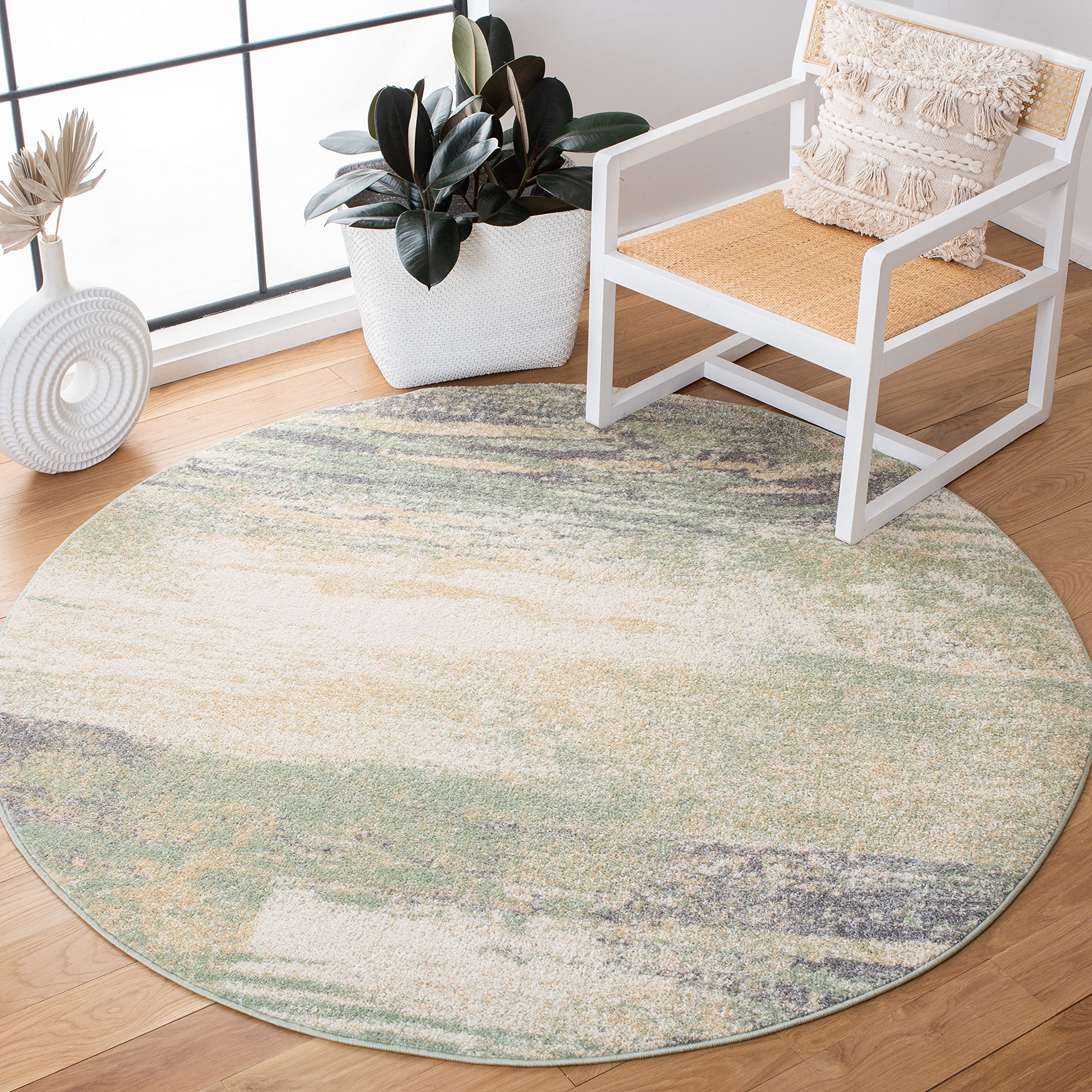 SAFAVIEH Adirondack Collection Area Rug - 6 Round, Ivory & Sage, Modern Abstract Design, Non-Shedding & Easy Care, Ideal for Hi