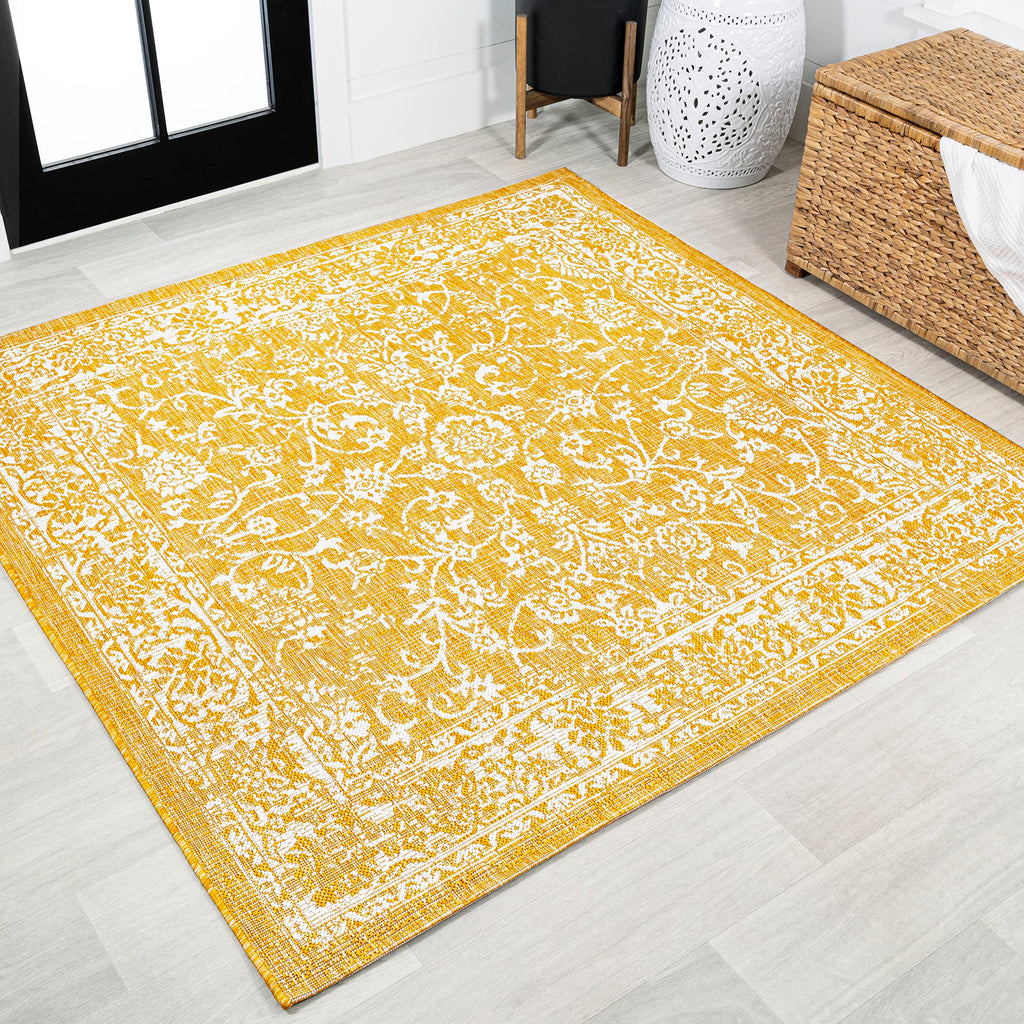 Jonathan Y Smb100E-5Sq Tela Bohemian Textured Weave Floral Indoor Outdoor -Area Rug, Coastal Traditional Transitional Easy-Cleaning,Bedroom,Kitchen,Backyard,Patio, Yellow/Cream, 5' Square