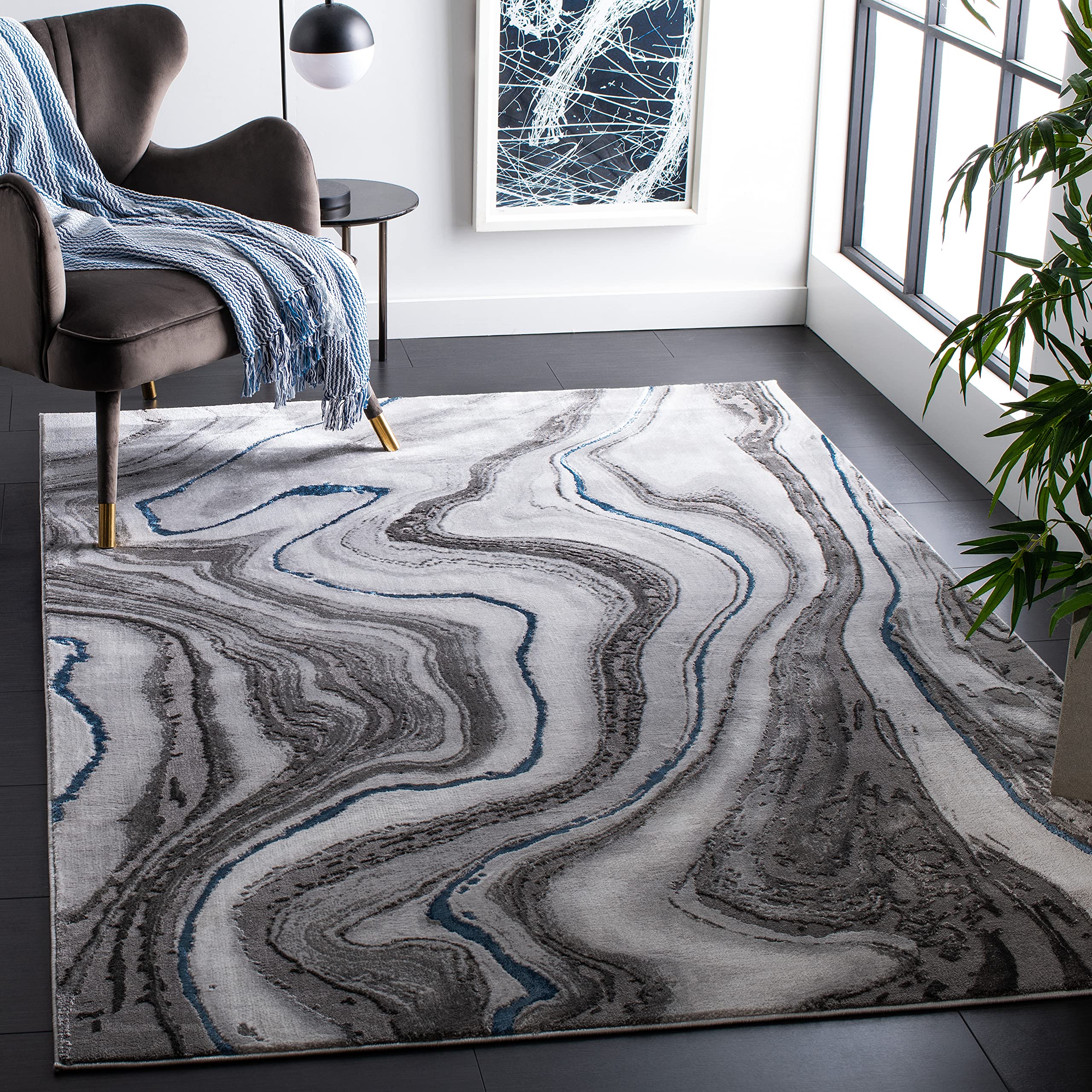 SAFAVIEH Craft Collection 4 Square Grey/Blue CFT819N Modern Abstract Non-Shedding Living Room Bedroom Accent Rug