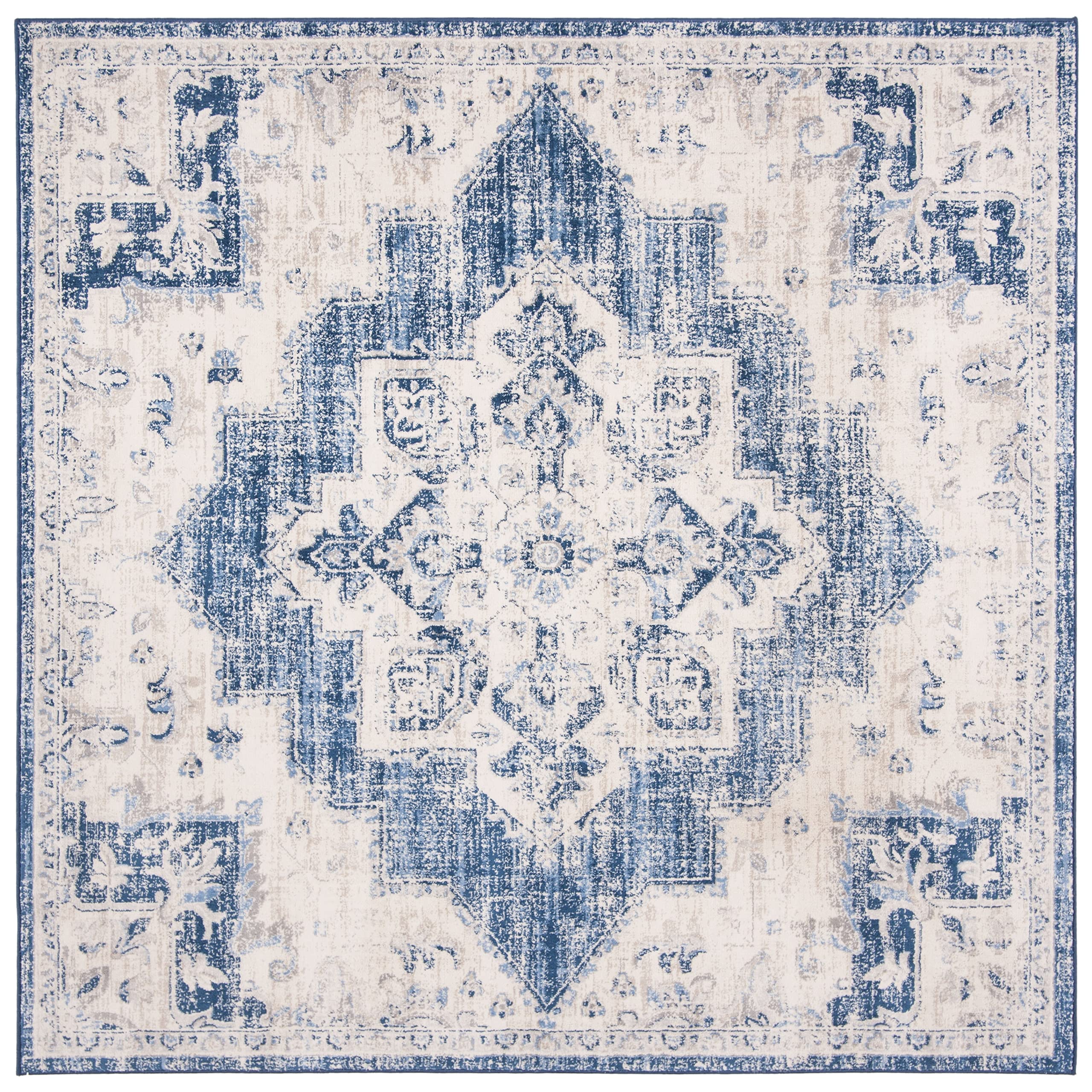SAFAVIEH Brentwood Collection 8 Square Ivory/Navy BNT865A Medallion Distressed Non-Shedding Area Rug