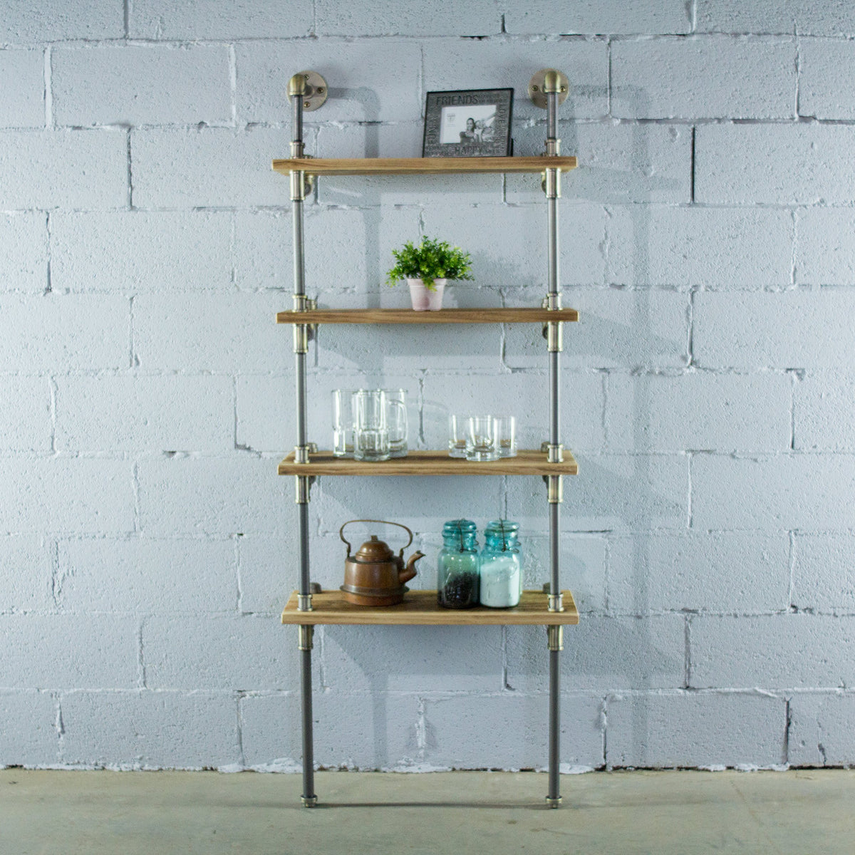 Os Home And Office Model Lndustrial 67-Inch Tall 4-Shelf Open Display Unit With Reclaimed Wood Finish Bookcase, Brushed Brass Gray Steel Combo With Natural Stained