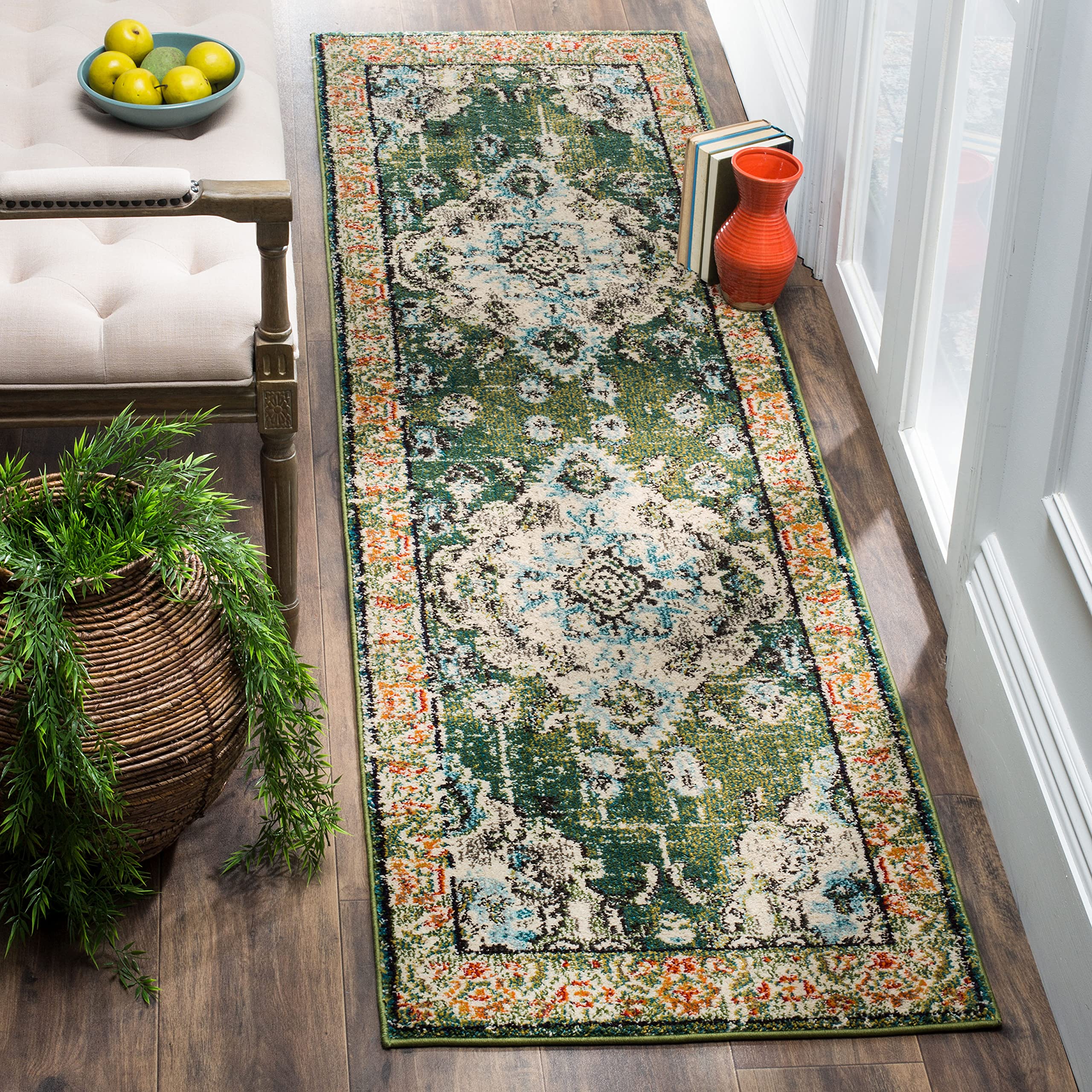 SAFAVIEH Monaco Collection Runner Rug - 22 x 20, Forest Green & Light Blue, Medallion Distressed Design, Non-Shedding & Easy C