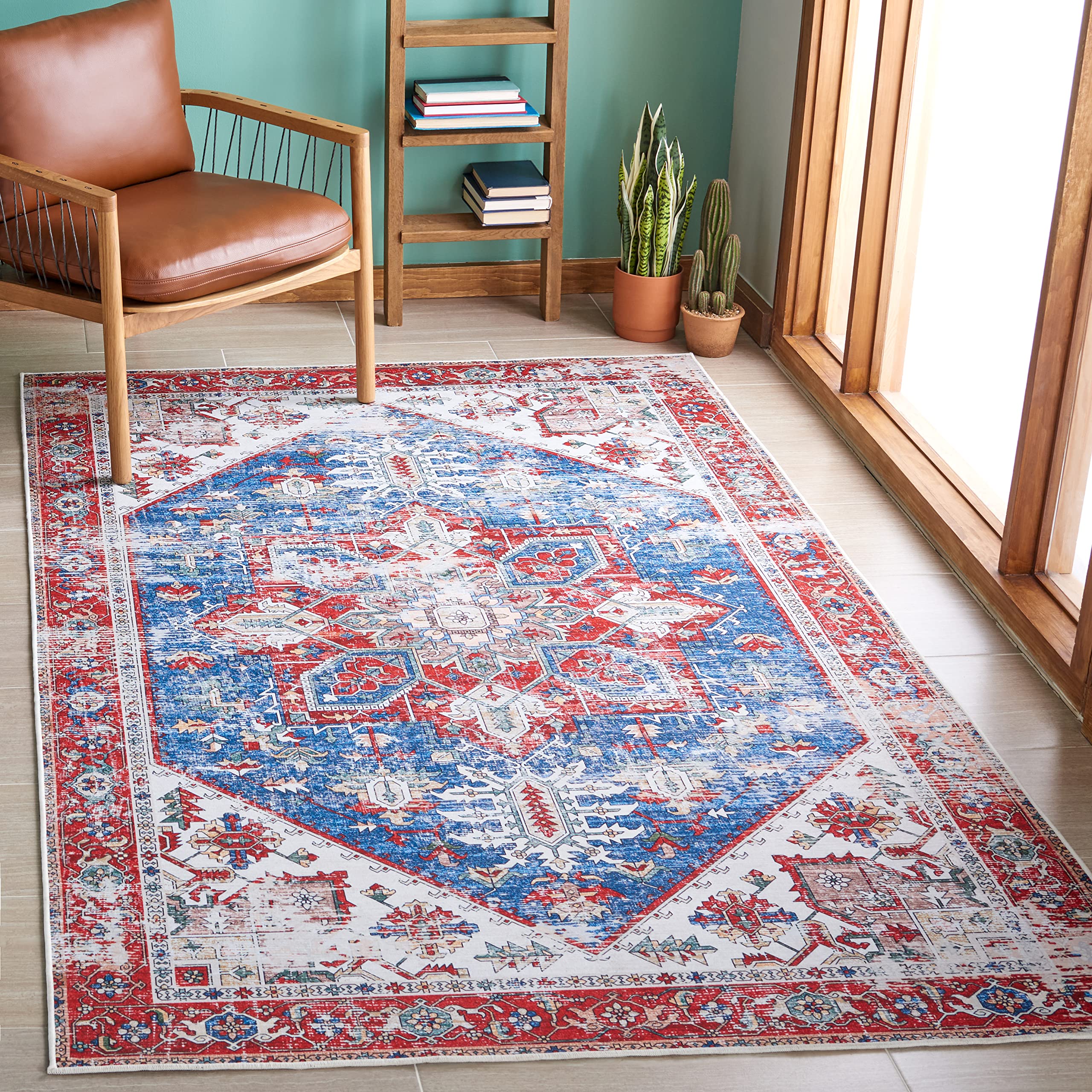 SAFAVIEH Tucson Collection Accent Rug - 4 x 6, Blue & Red, Persian Design, Non-Shedding Machine Washable & Slip Resistant Idea