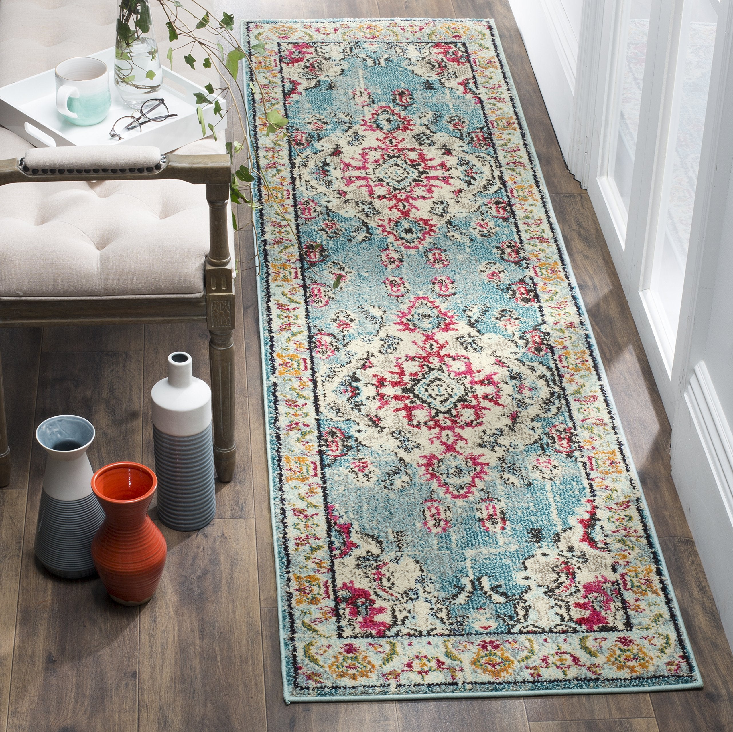 SAFAVIEH Monaco Collection Runner Rug - 22 x 12, Light Blue & Fuchsia, Medallion Distressed Design, Non-Shedding & Easy Care, 
