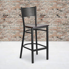 Flash Furniture HERCULES Series Black Grid Back Metal Restaurant Barstool - Walnut Wood Seat