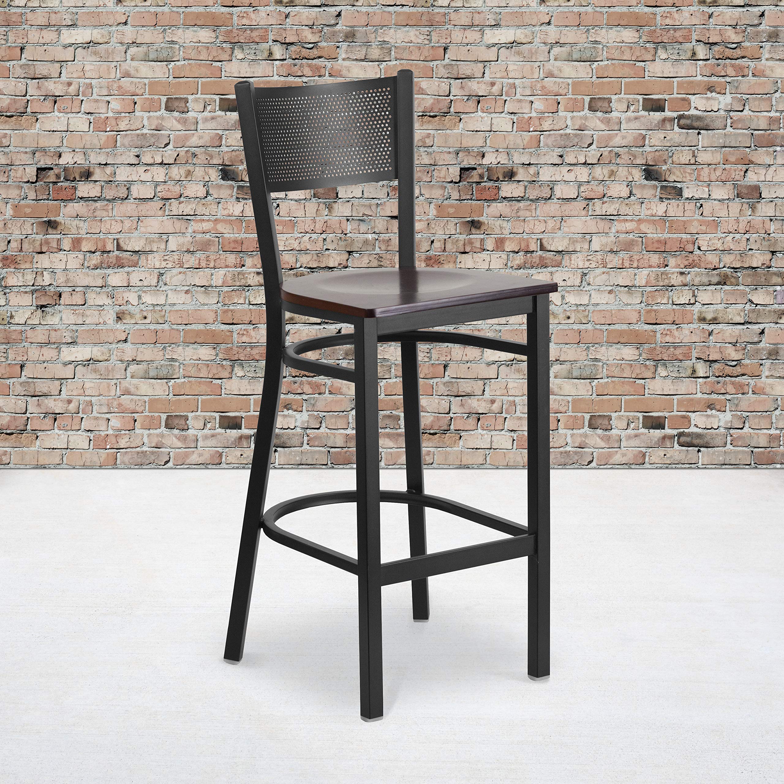 Flash Furniture HERCULES Series Black Grid Back Metal Restaurant Barstool - Walnut Wood Seat