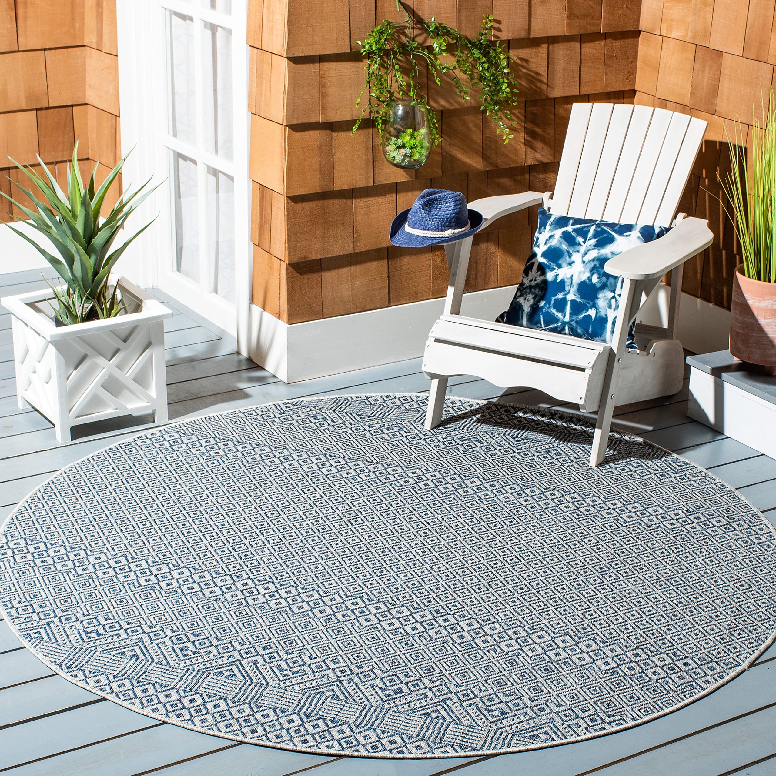 Safavieh Courtyard Collection 5'3' Round Grey/Blue Cy8235 Indoor/ Outside Waterproof Easy Cleansingpatio Backyard Mudroom Area Mat