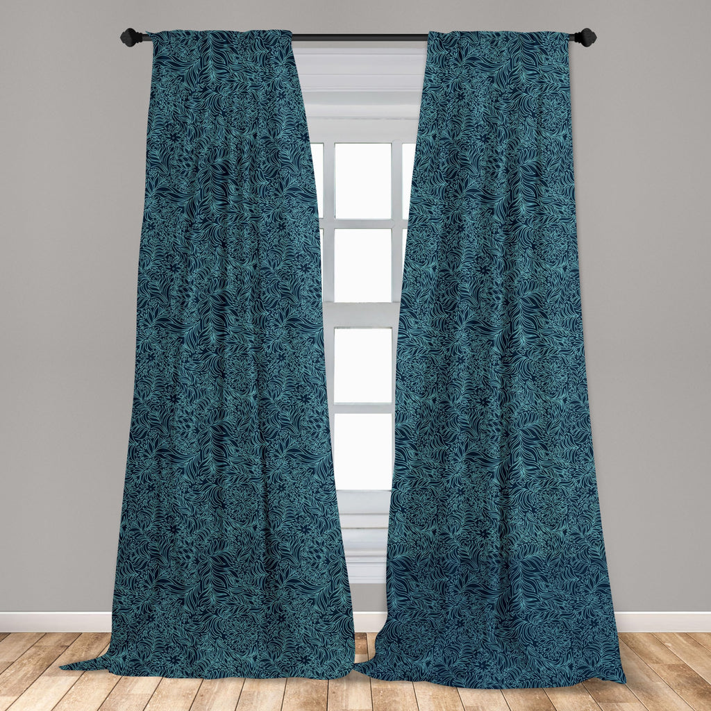 Ambesonne Navy And Teal Window Curtains, Abstract Flourish Nature Inspired Pattern Leaves Blossoms Print, Lightweight Decor 2-Pa