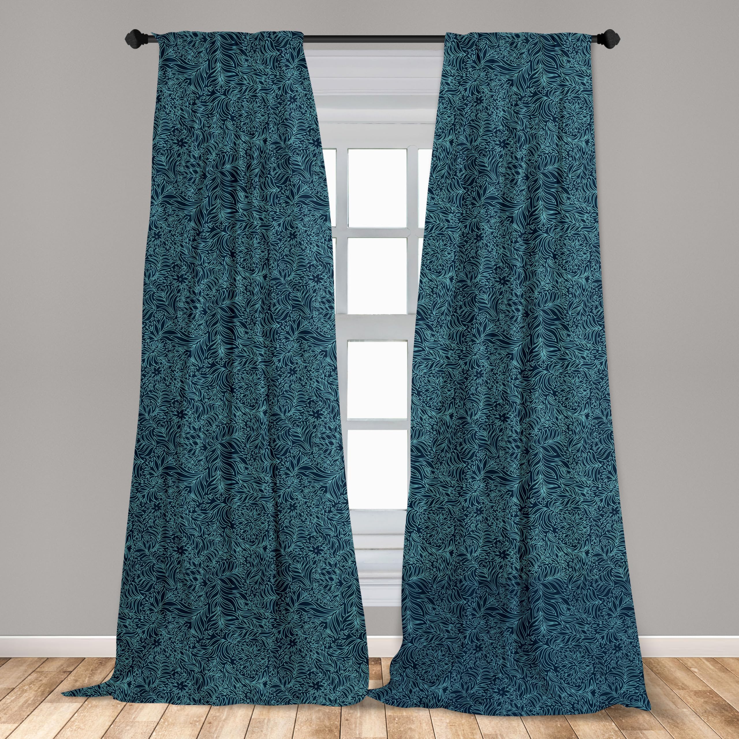 Ambesonne Navy And Teal Window Curtains, Abstract Flourish Nature Inspired Pattern Leaves Blossoms Print, Lightweight Decor 2-Pa