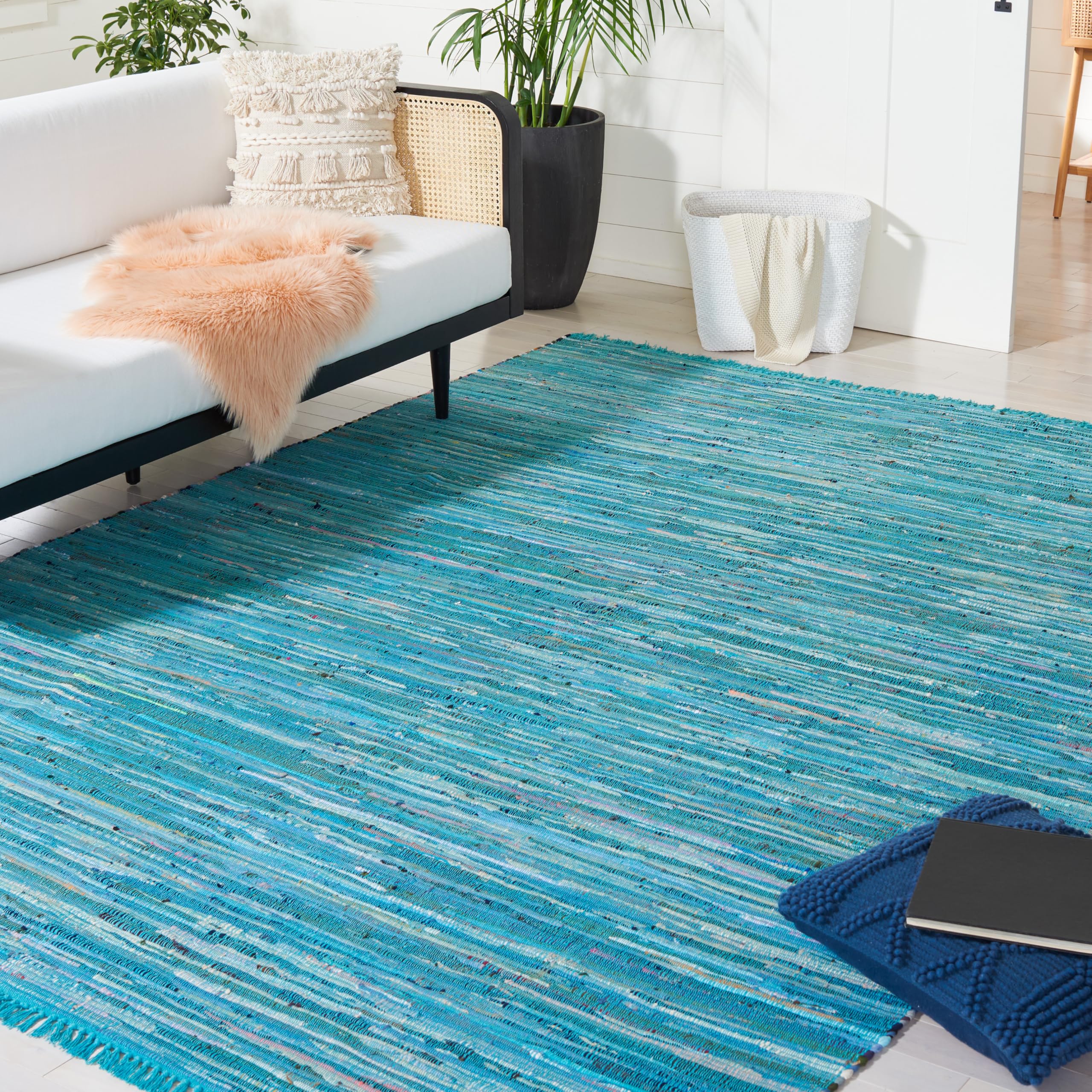 SAFAVIEH Rag Rug Collection Area Rug - 8 x 10, Blue & Multi, Handmade Boho Stripe Cotton, Ideal for High Traffic Areas in Livi