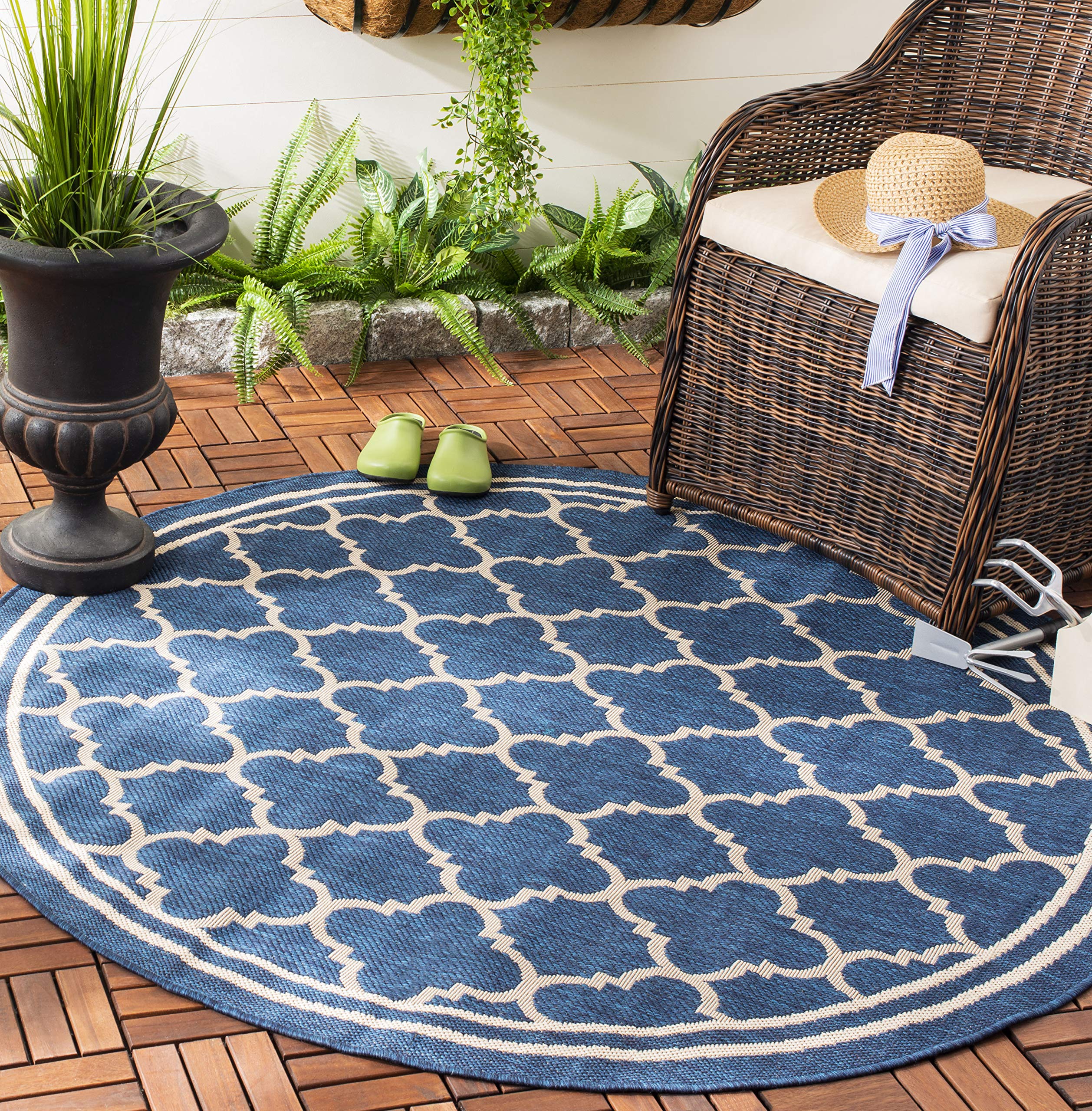 SAFAVIEH Courtyard Collection 67 Round Navy/Beige CY6918 Trellis Indoor/ Outdoor Splashproof Easy Scrubbing Patio Backyard Mudr