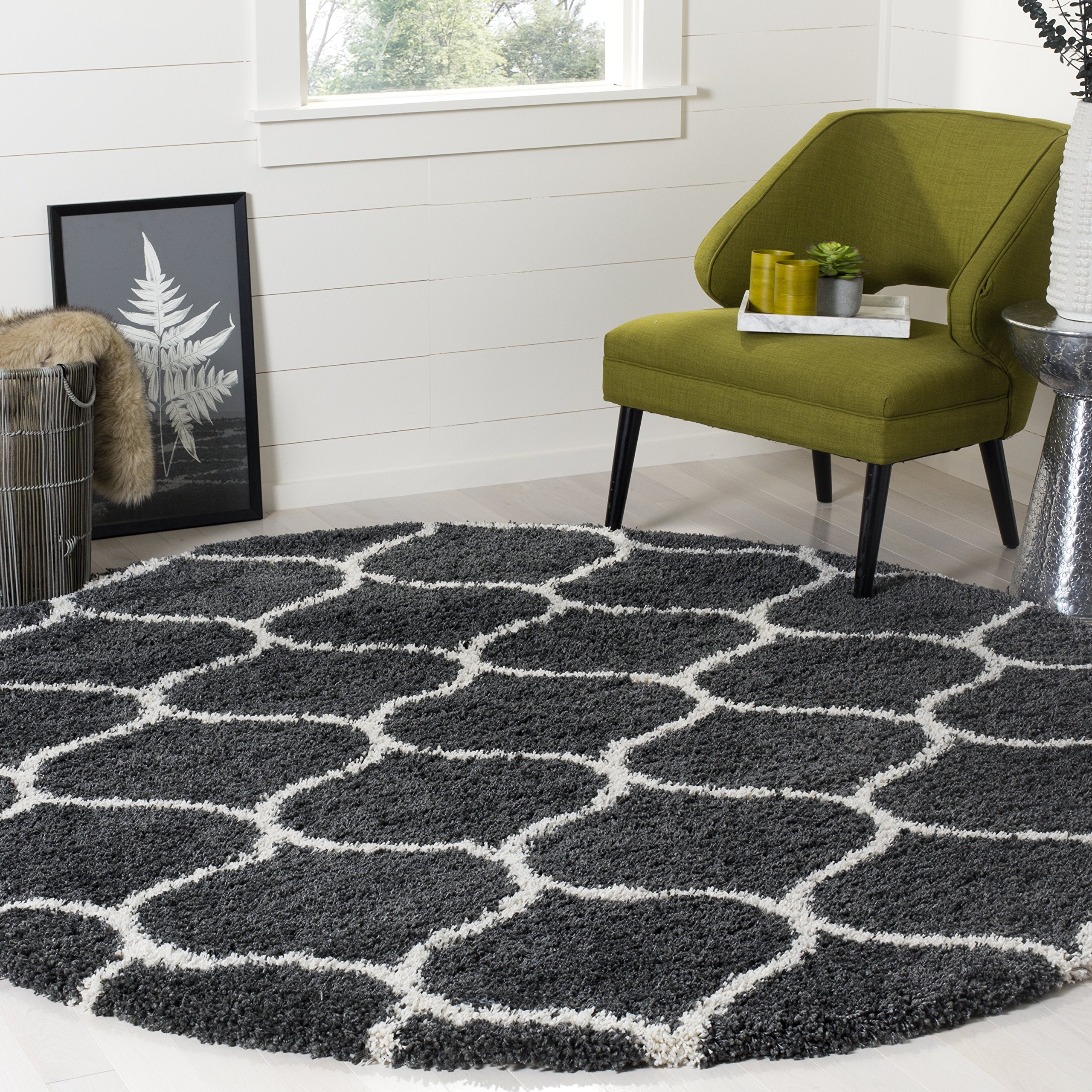 Safavieh Hudson Shag Collection Area Rug - 8 Round, Dark Grey & Ivory, Trellis Ogee Design, 2-inch Thick, Ideal for The Living 
