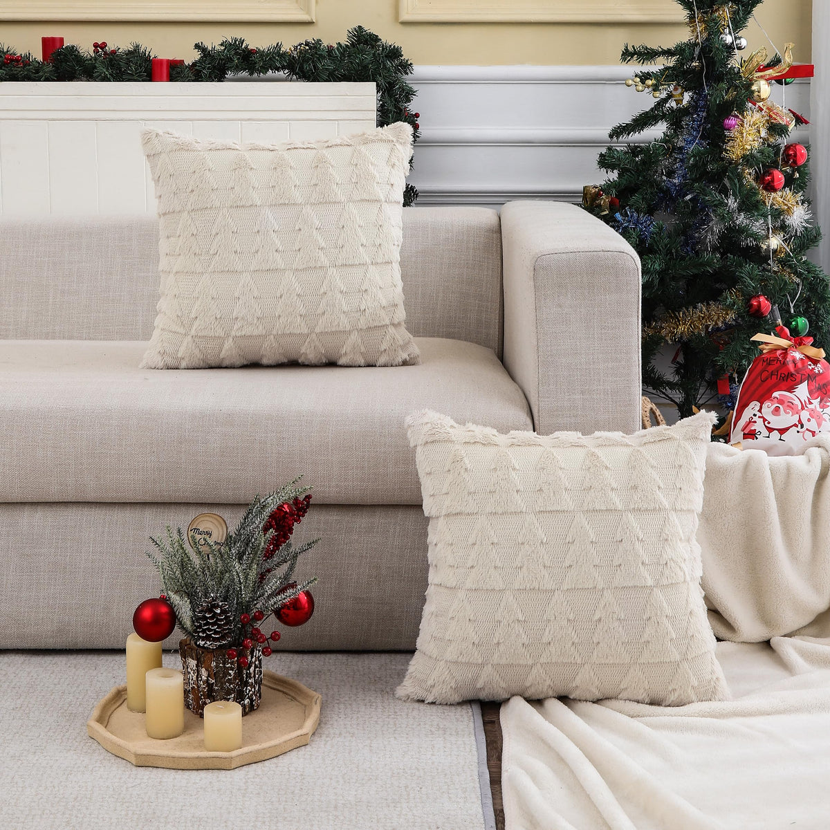 Tosleo Beige Christmas Throw Pillow Cover 20 X 20 Inch Set Of 2 Multiple Christmas Trees Pillow Case Soft Fur Fuzzy Cute Decor P