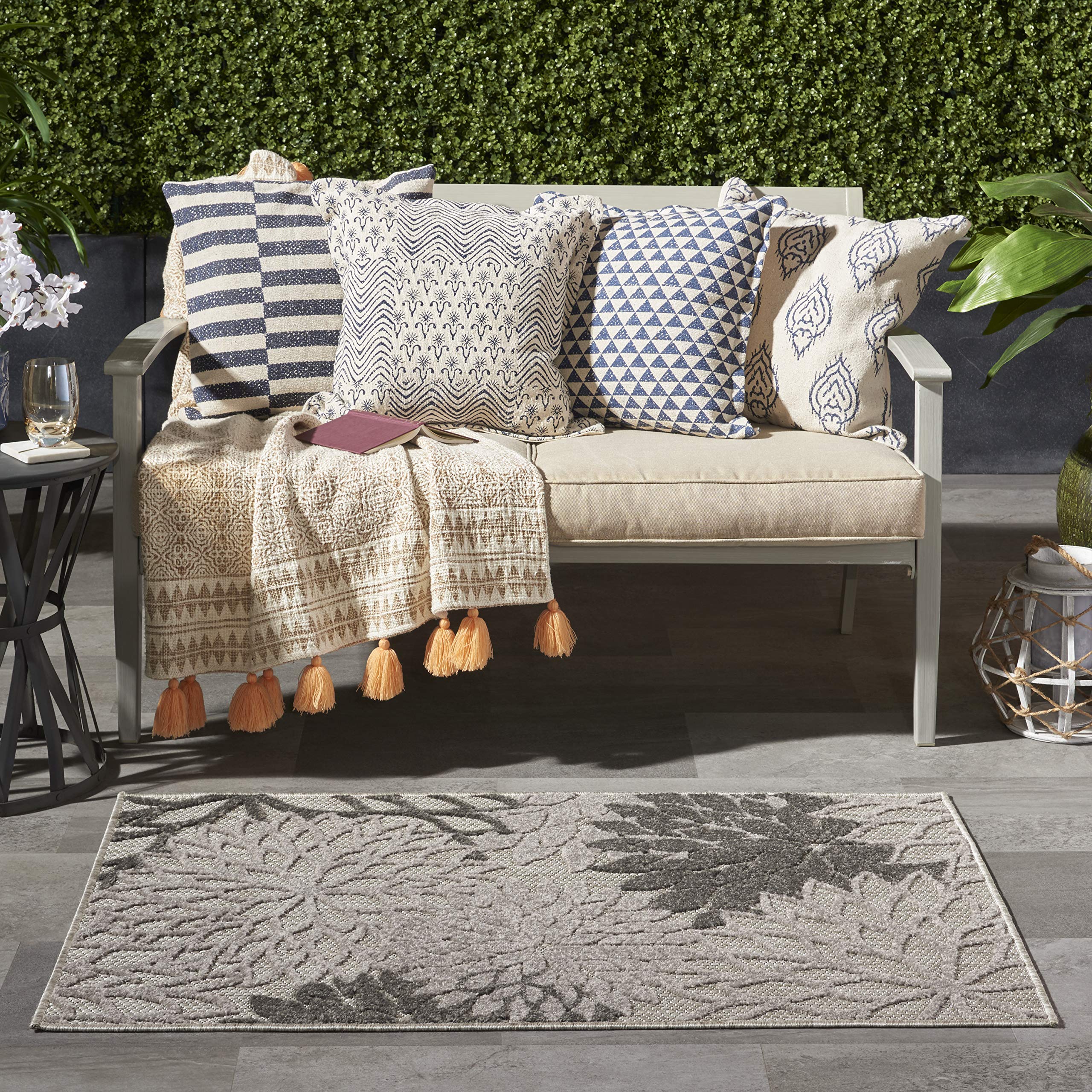 Nourison Home Aloha Indoor/Outdoor Silver Grey 3' x 5' Area Rug, Tropical, Botanical, Easy Cleaning, Non Shedding, Bed Room, Liv